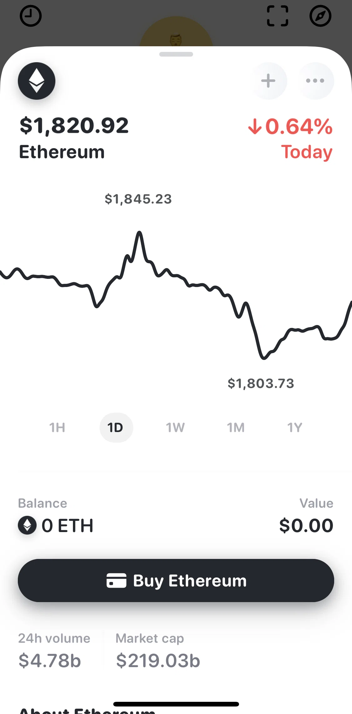 Rainbow Screen screen in the Adding ETH to watchlist flow