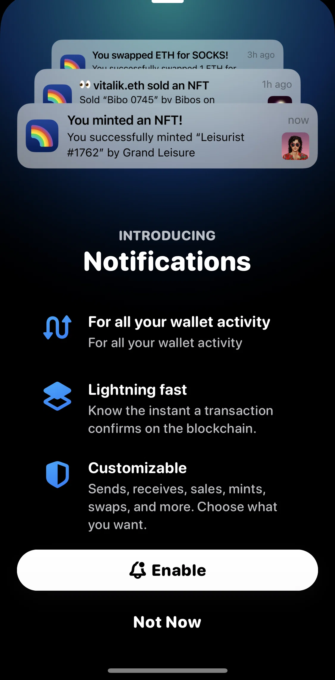 Rainbow Screen screen in the Enabling notifications flow