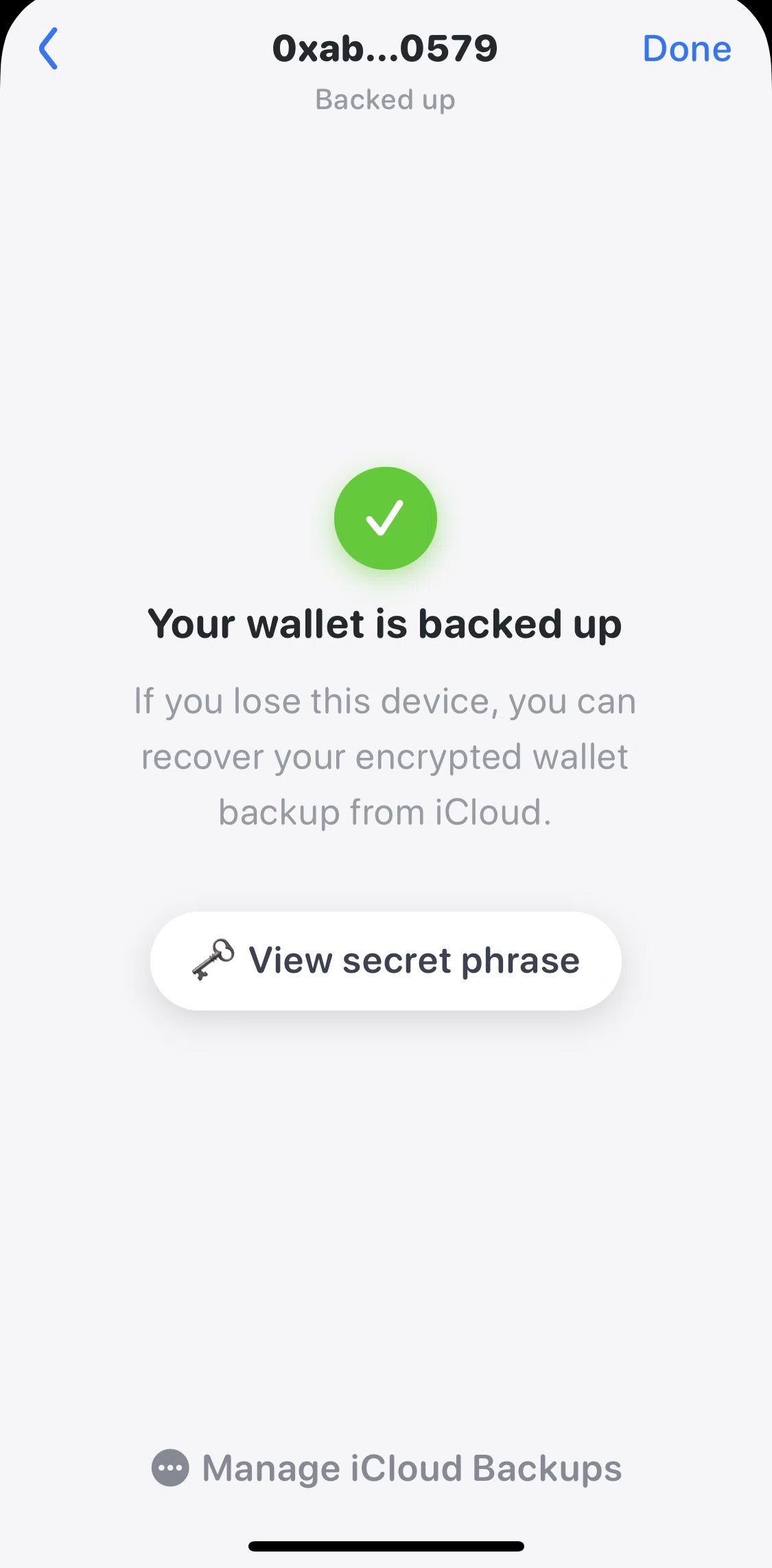Rainbow Screen screen in the View secret phrase flow