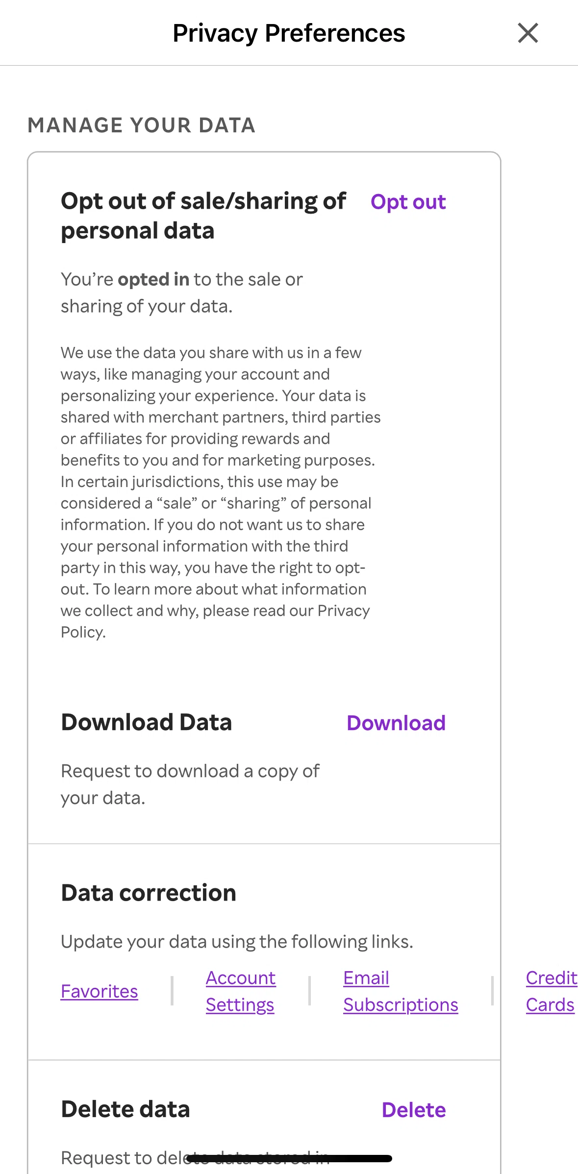 Rakuten Screen screen in the Account settings flow