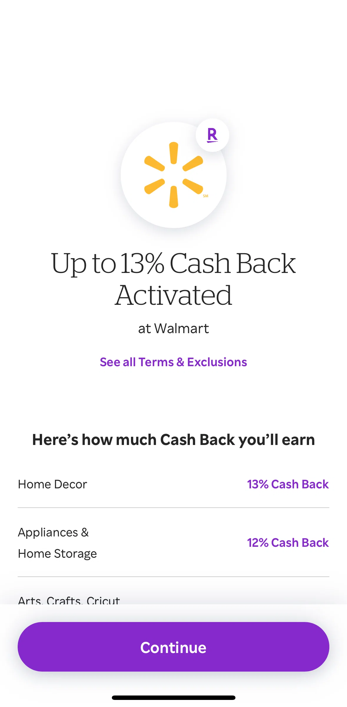 Rakuten Screen screen in the Cash back terms flow