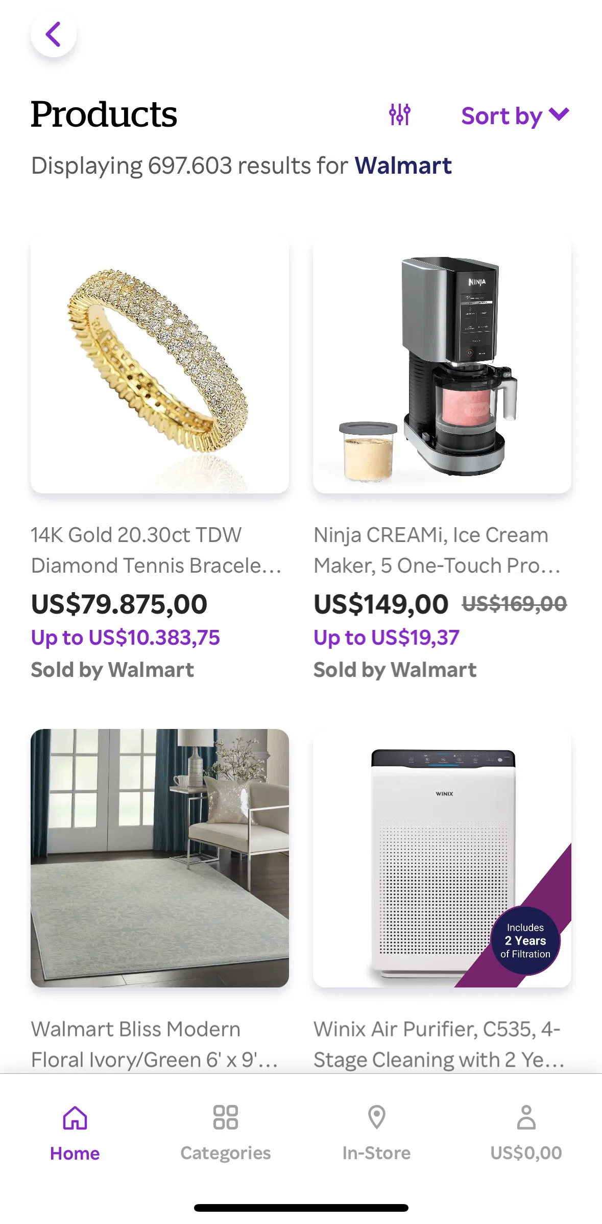 Rakuten Screen screen in the Filtering products flow