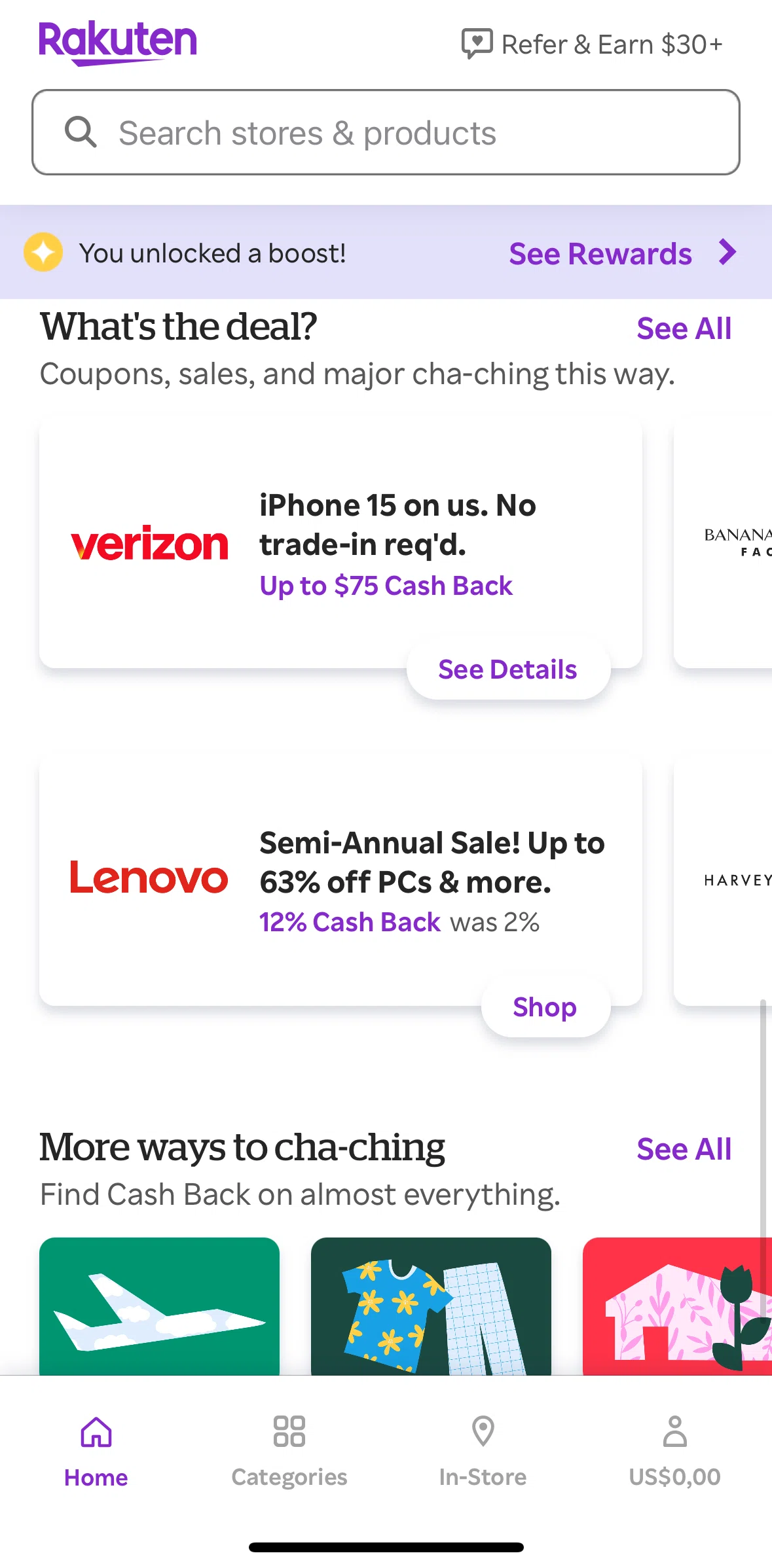 Rakuten Screen screen in the See all coupons flow