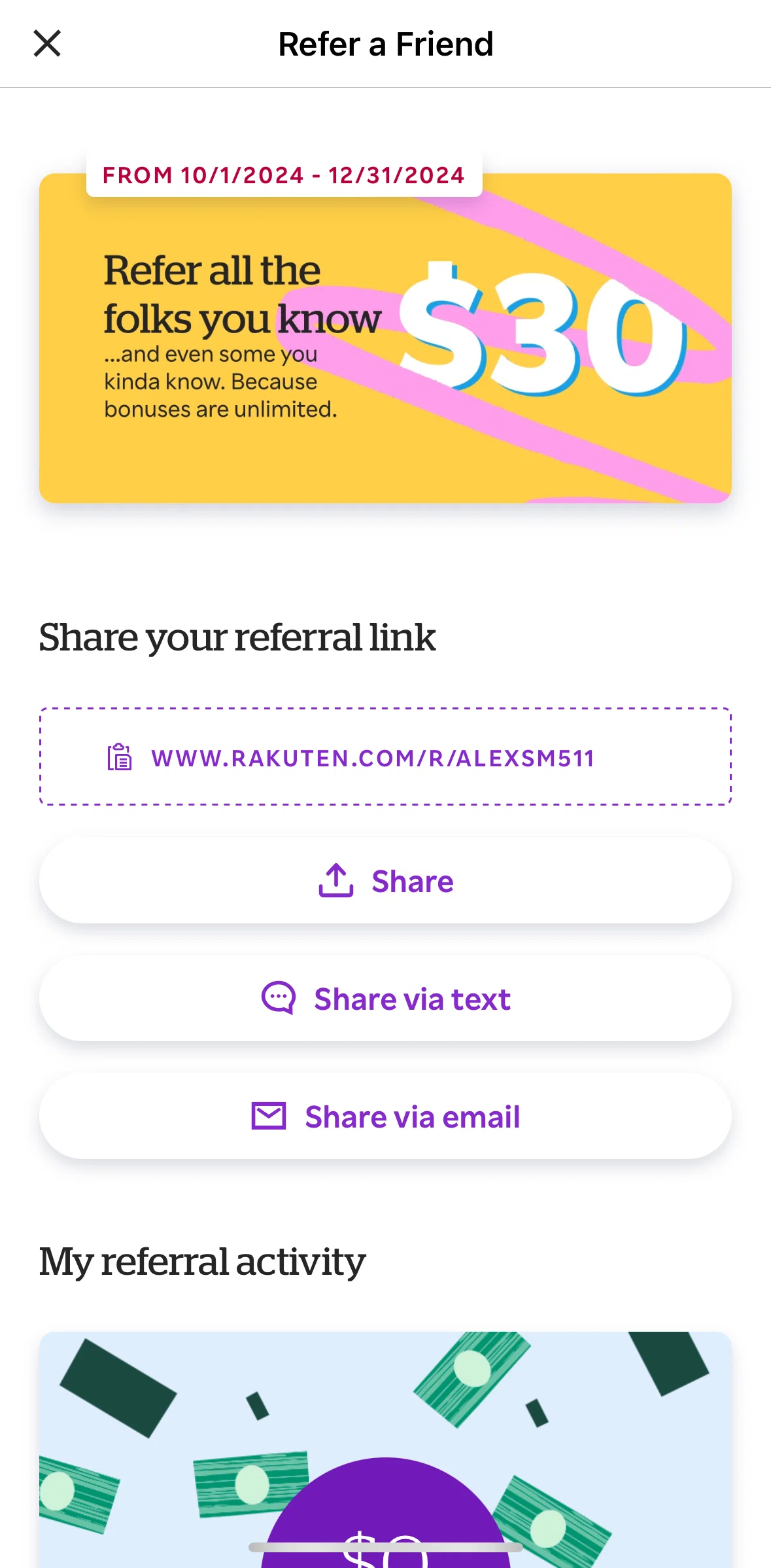Rakuten Screen screen in the Sharing a referral link flow