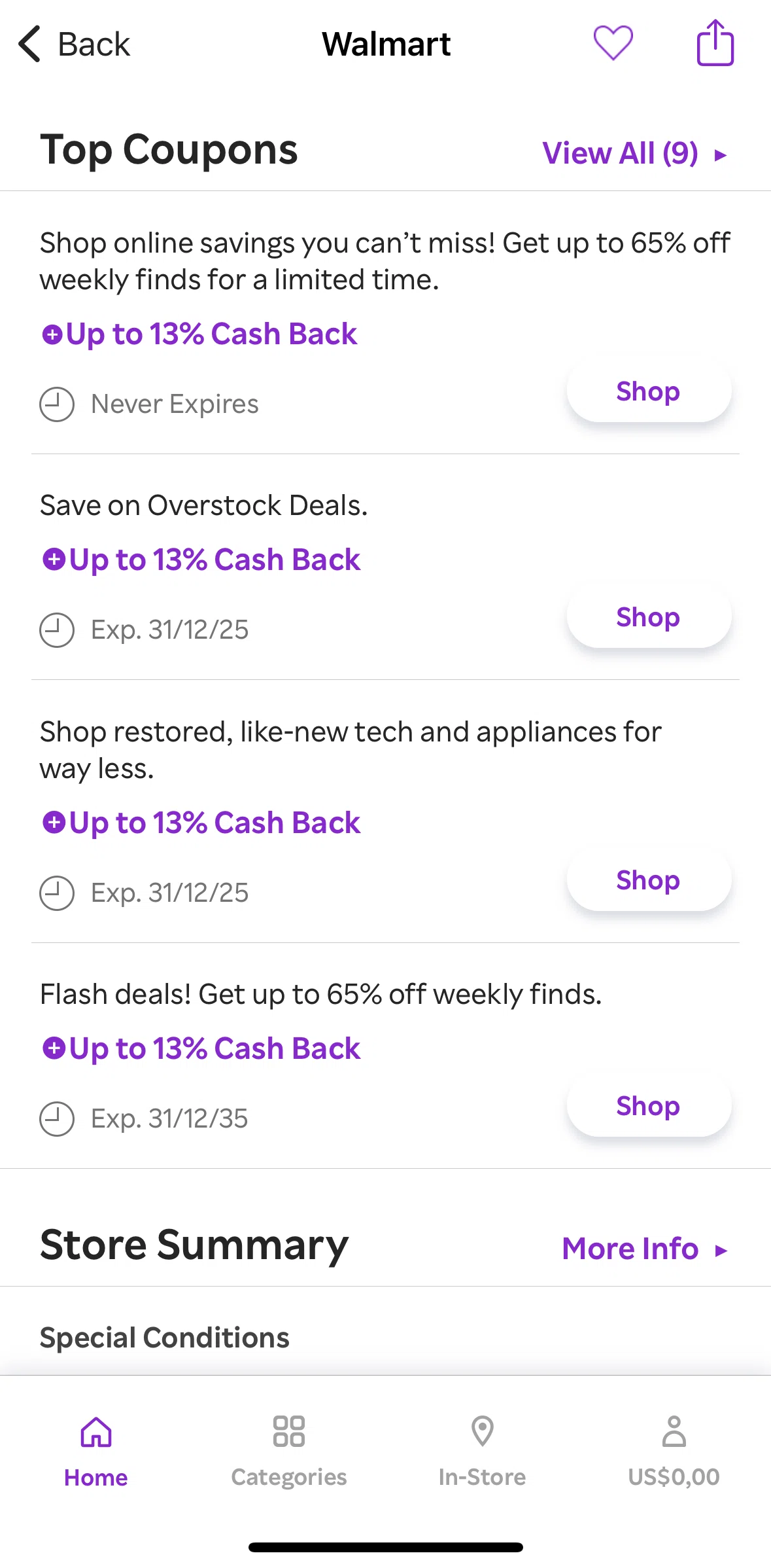 Rakuten Screen screen in the Shop using a coupon flow