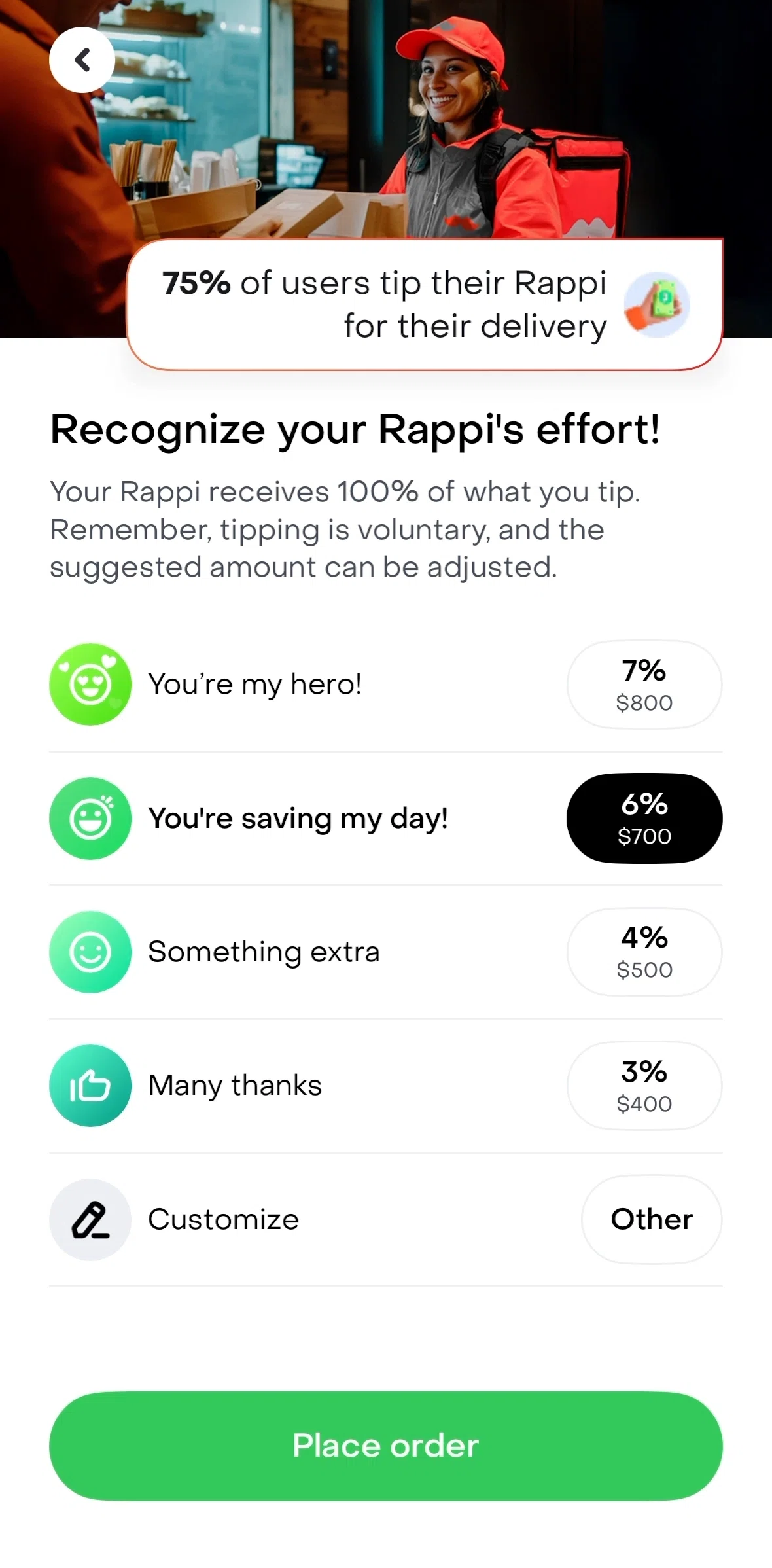 Rappi Screen screen in the Adding a customize tip flow