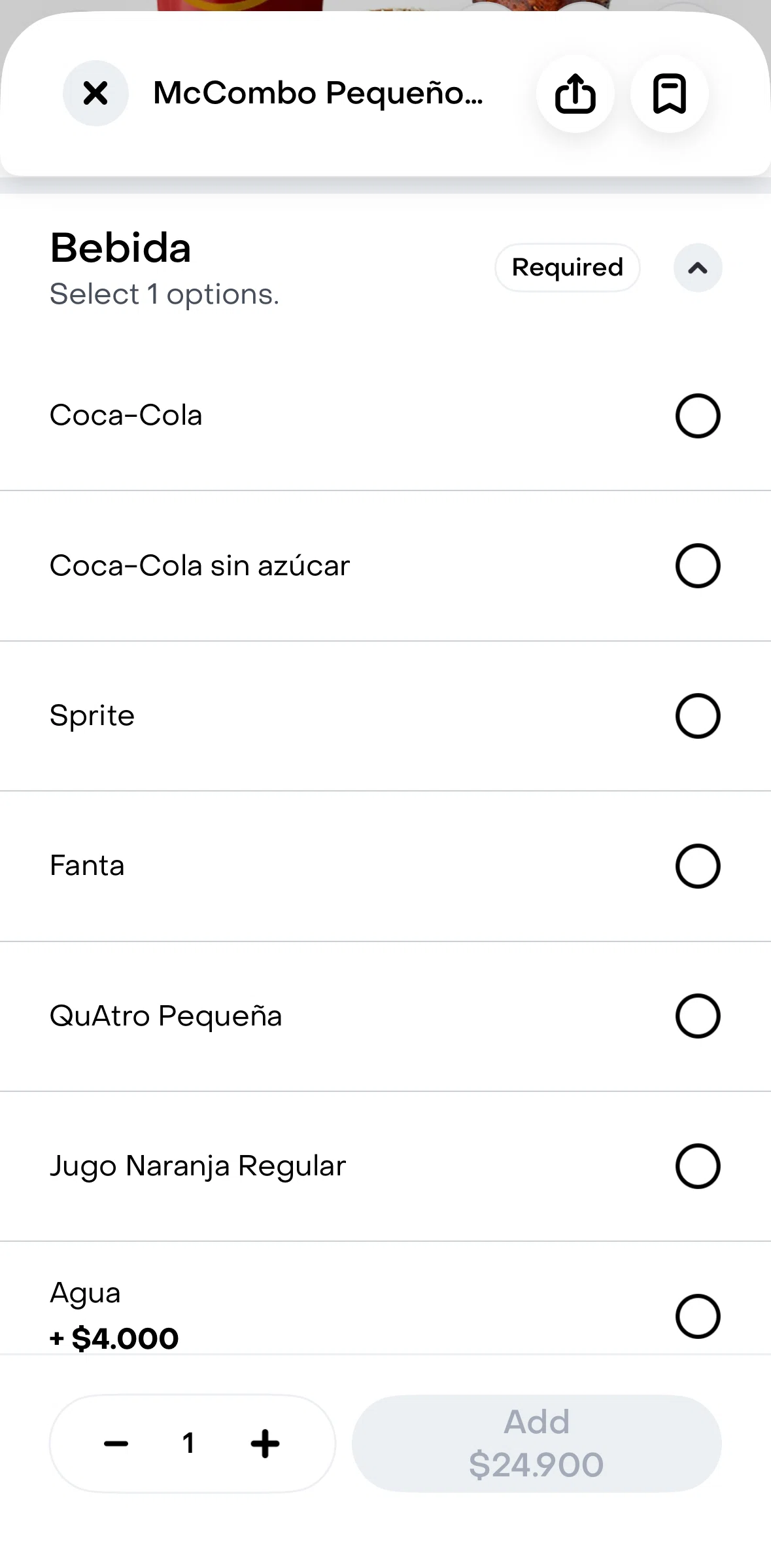 Rappi Screen screen in the Adding a menu to basket flow