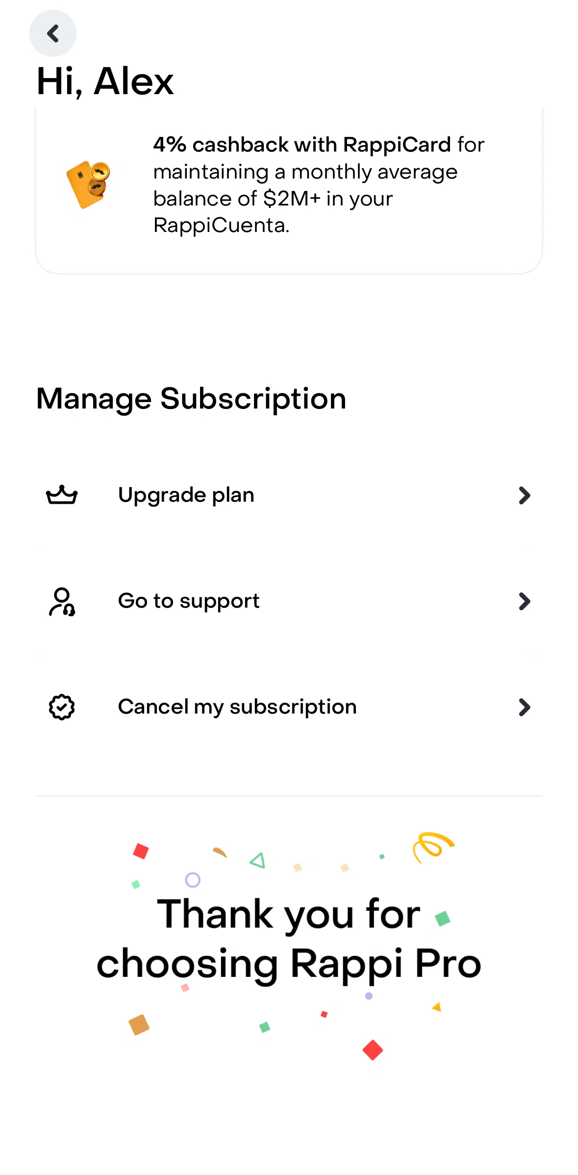 Rappi Screen screen in the Canceling a subscription flow