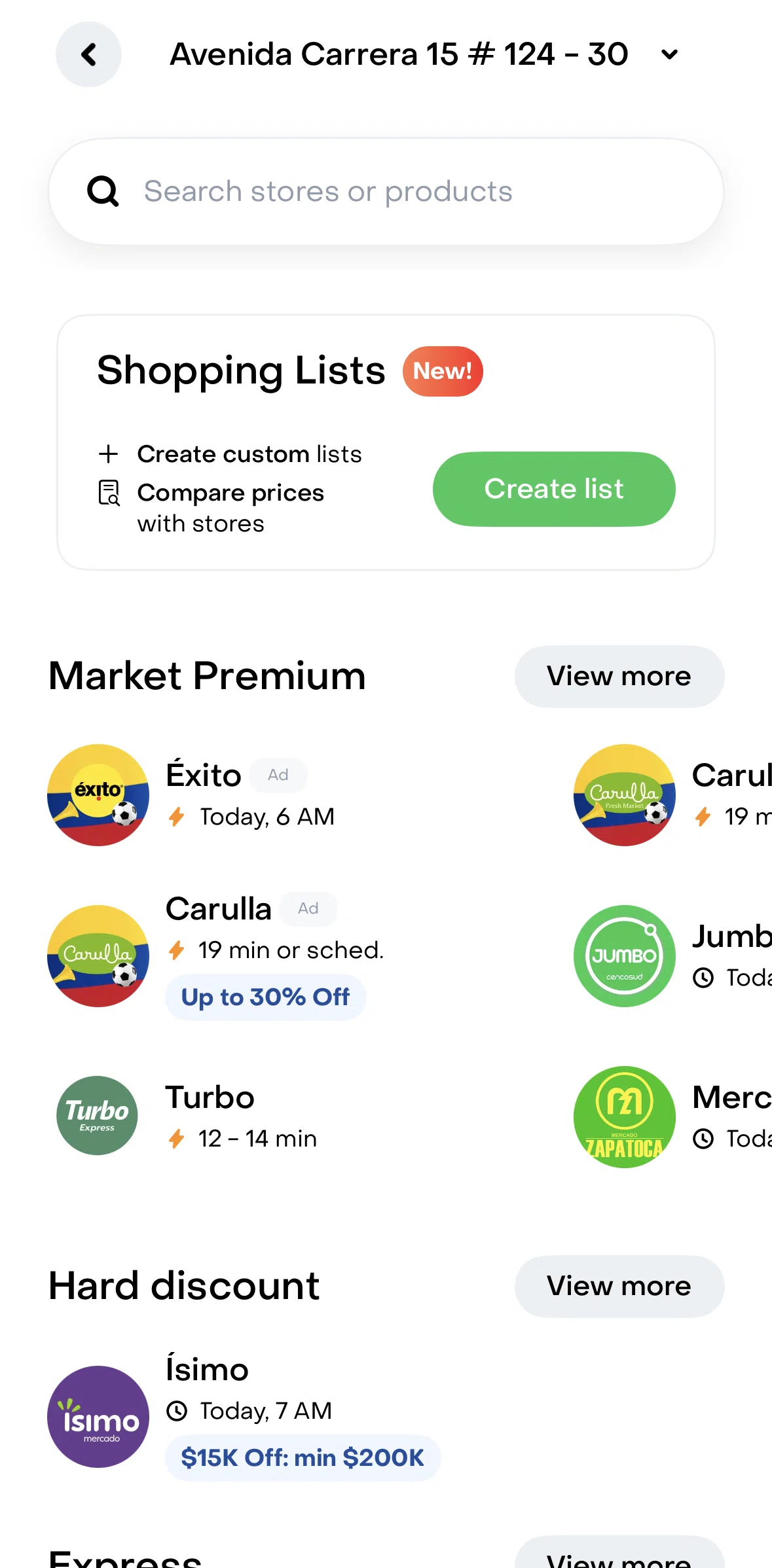 Rappi Screen screen in the Creating a shopping list flow