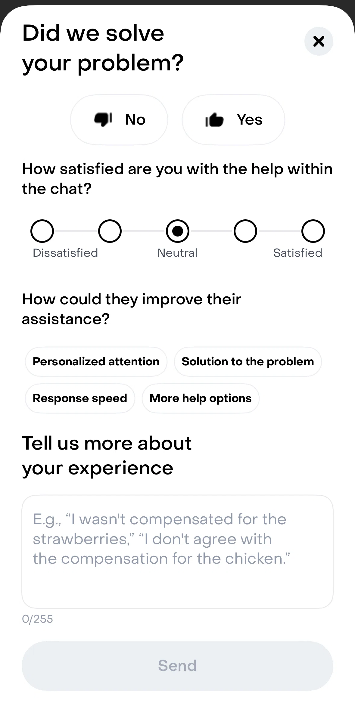 Rappi Screen screen in the Giving feedback to support service flow