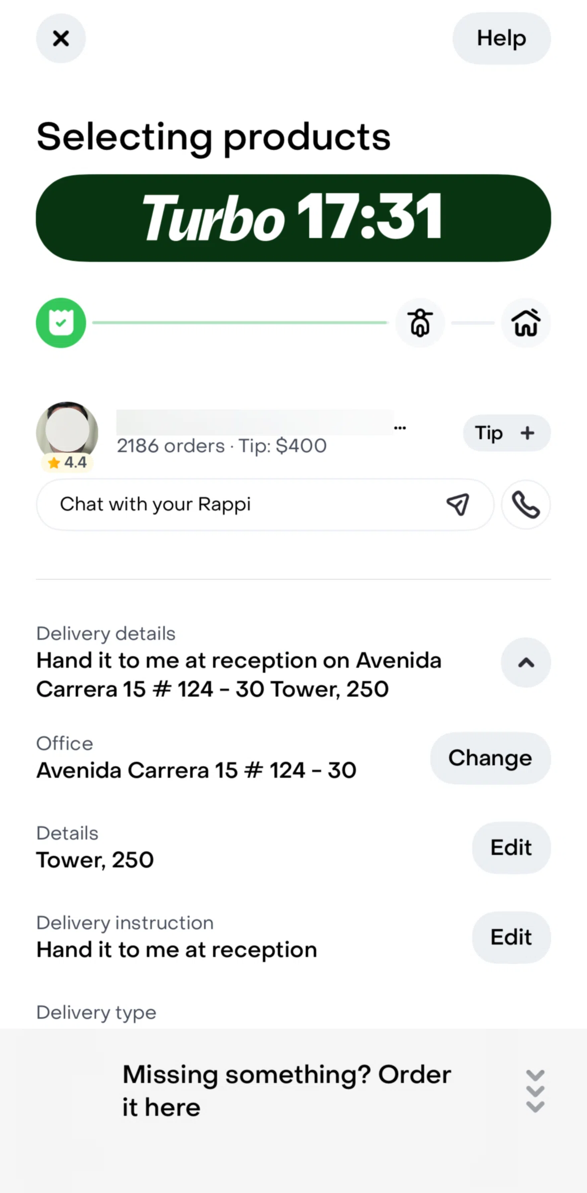 Rappi Screen screen in the Help (ongoing delivery) flow