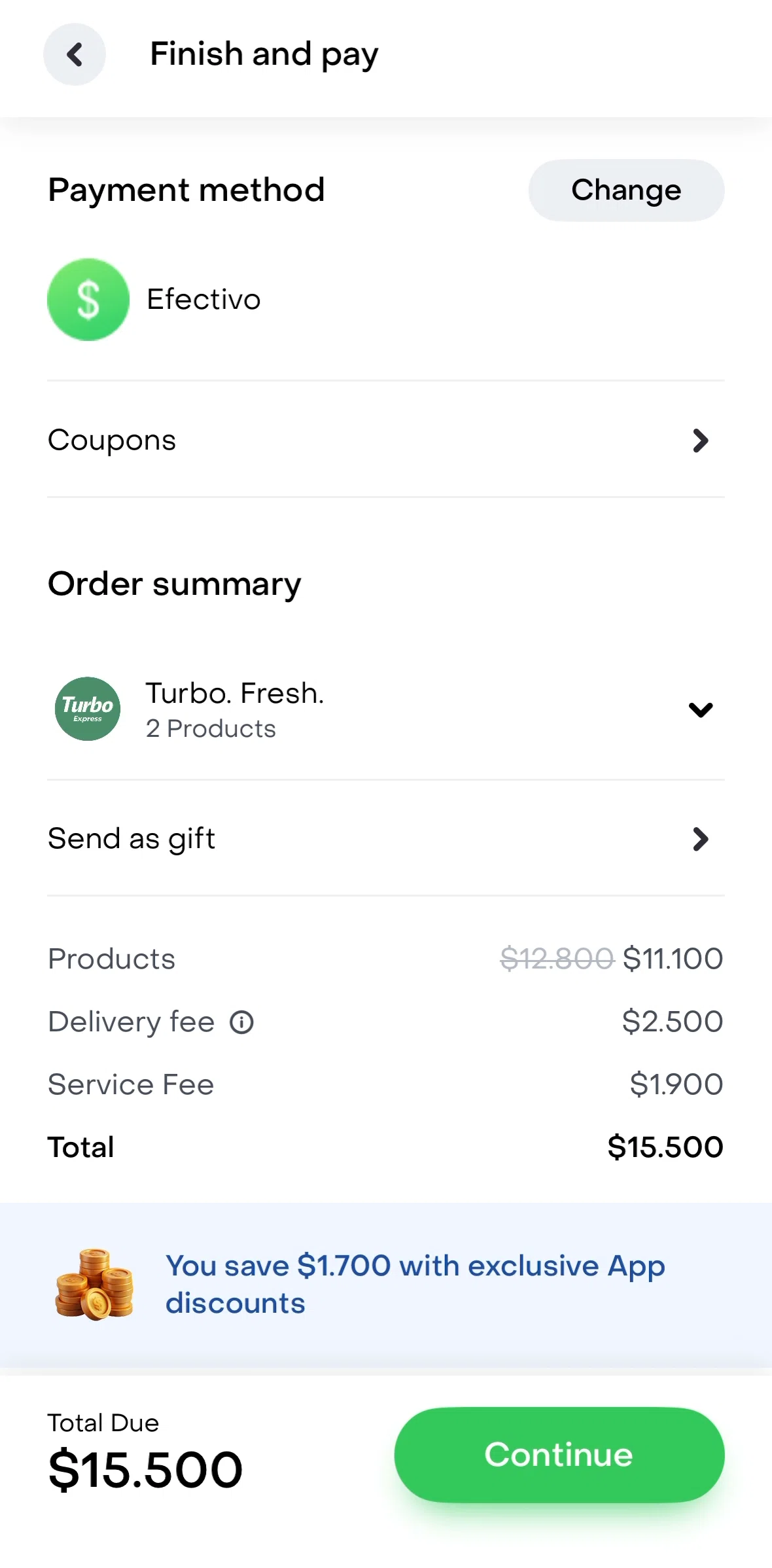 Rappi Screen screen in the Place an order (cash) flow