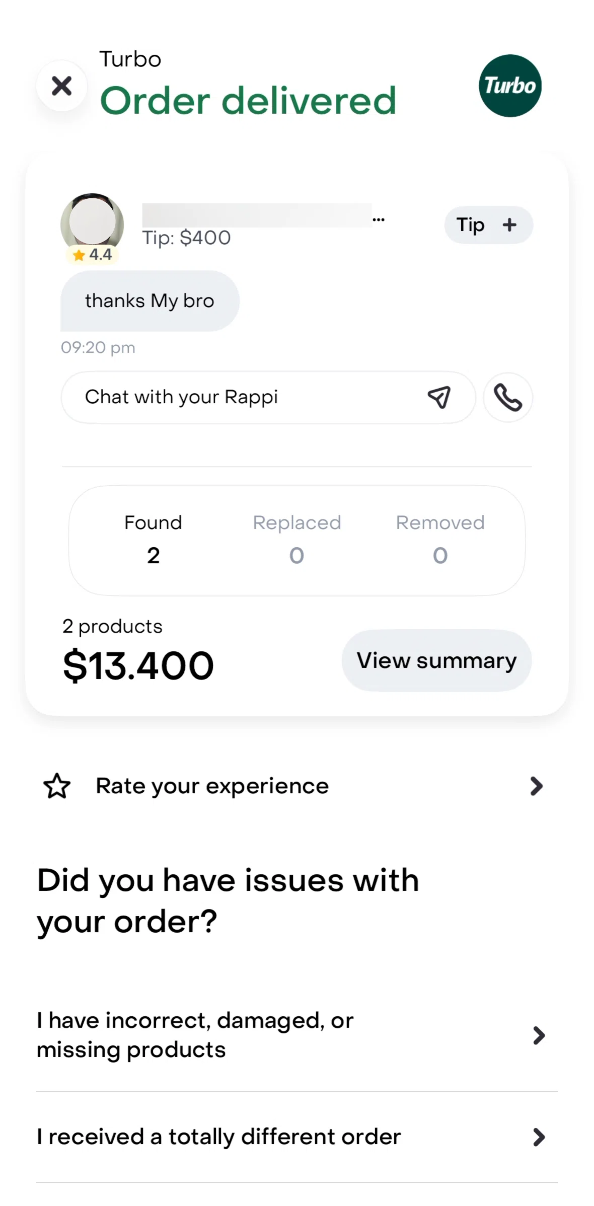 Rappi Screen screen in the Rating an order flow