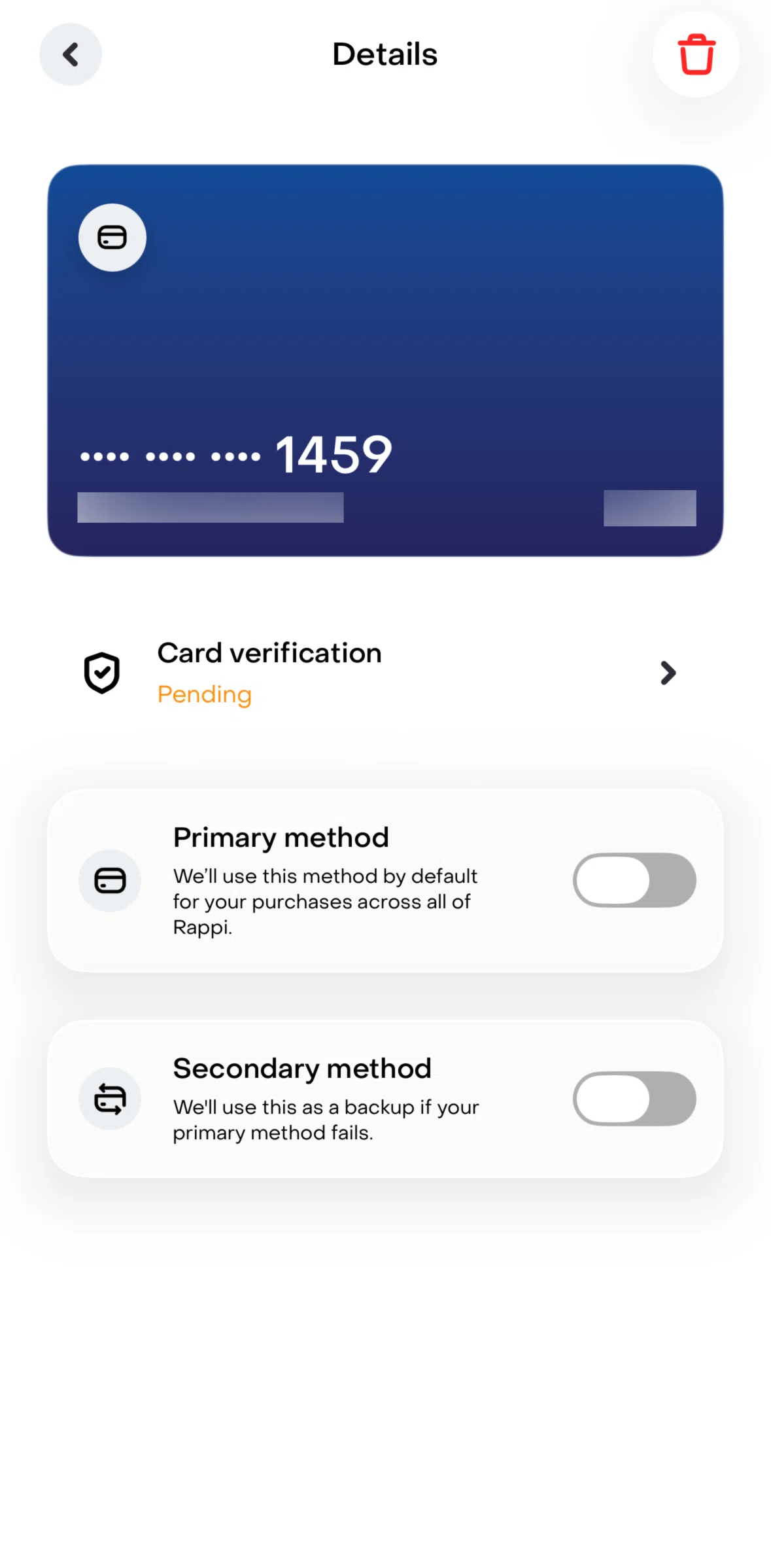 Rappi Screen screen in the Updating primary payment method flow