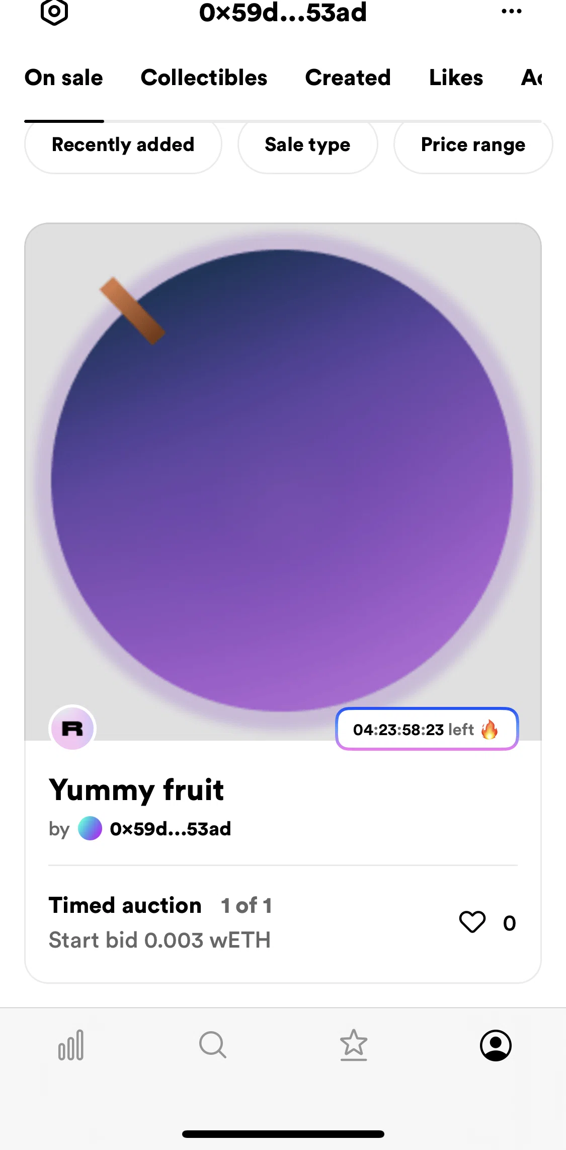 Rarible Screen screen in the Liking an item flow