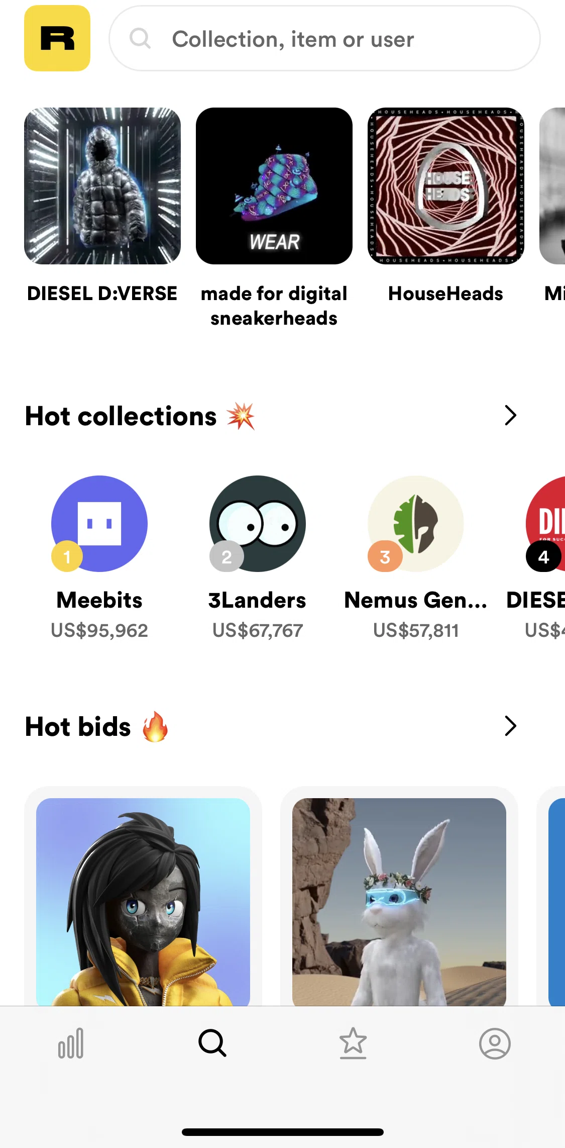 Rarible Screen screen in the Searching for collection, item or user flow