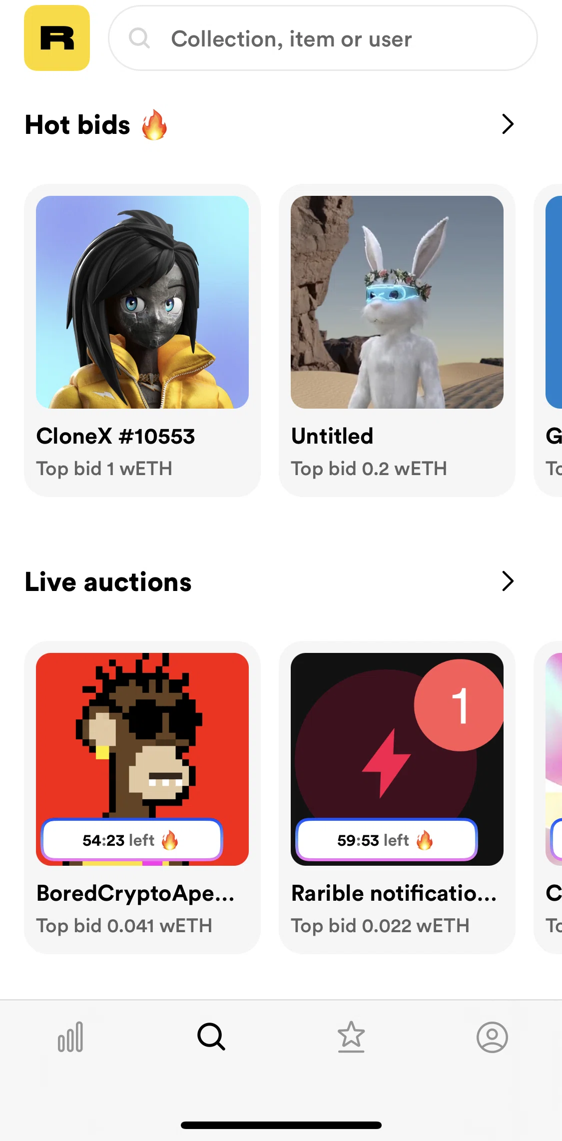 Rarible Screen screen in the View hot bids flow