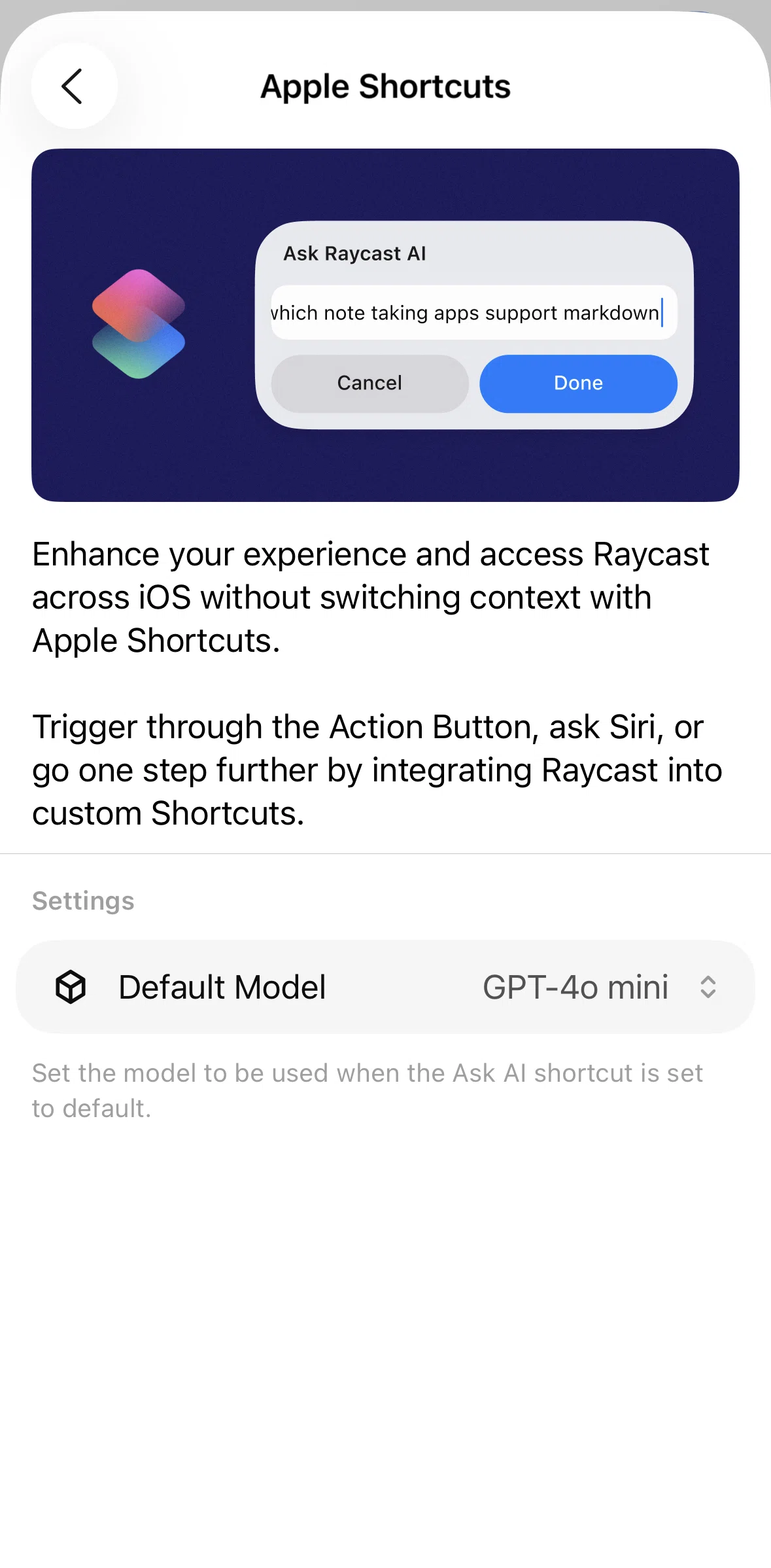 Raycast Screen screen in the Changing default model flow
