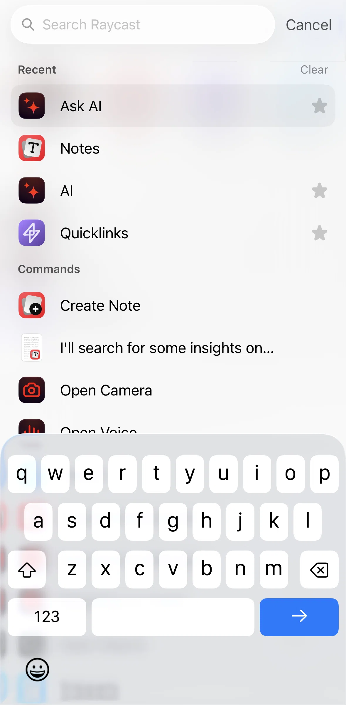 Raycast Screen screen in the Deleting recent search flow