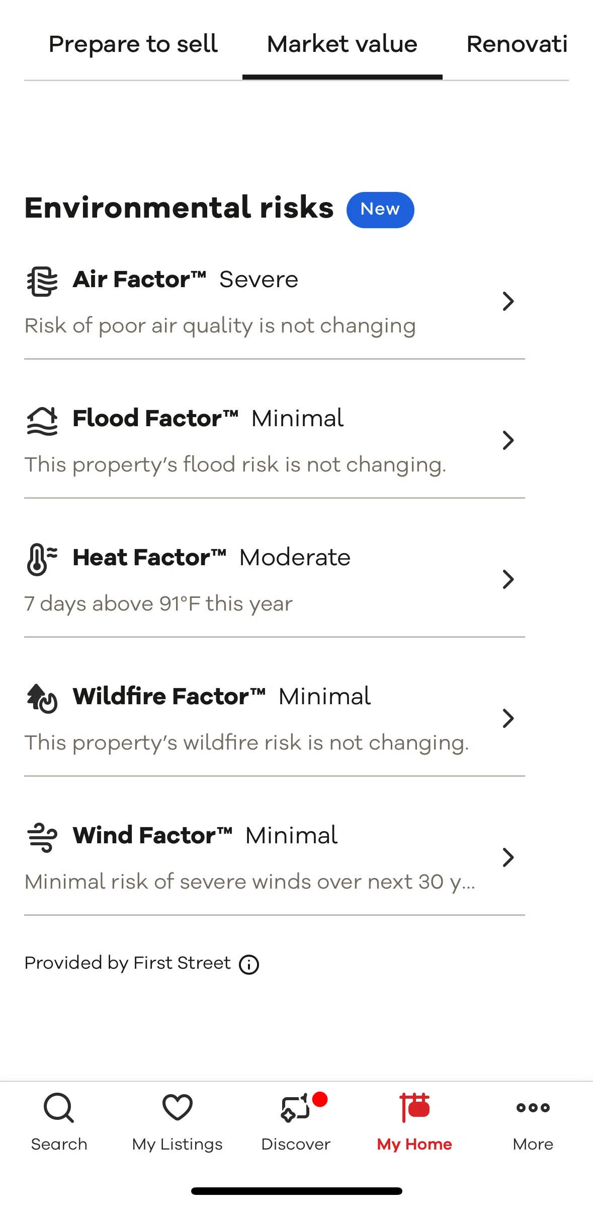 Realtor.com Screen screen in the Air quality risk flow