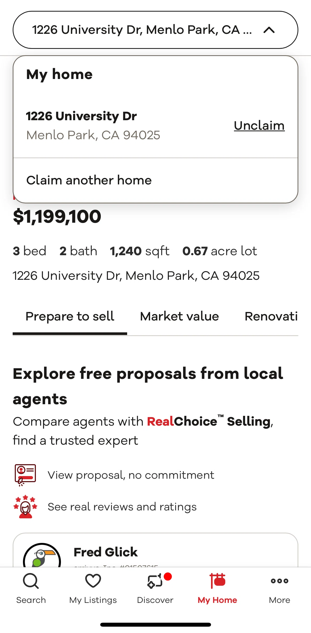 Realtor.com Screen screen in the Claim another home flow