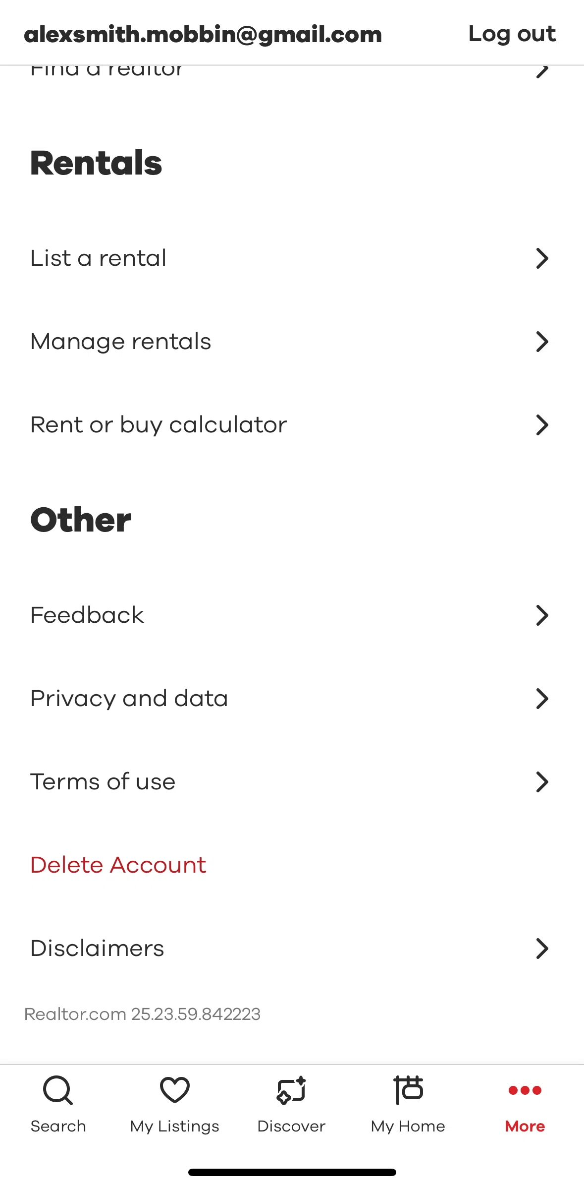 Realtor.com Screen screen in the Deleting account flow