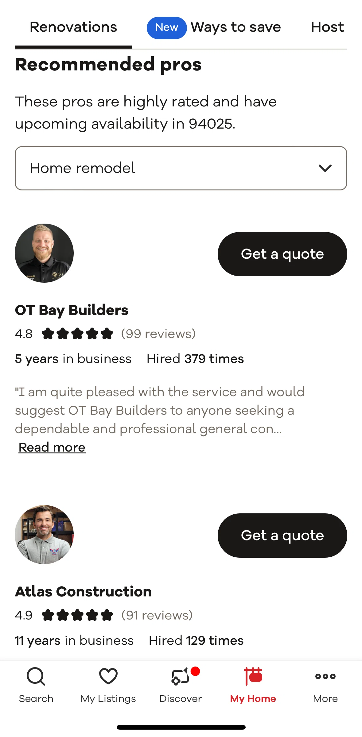 Realtor.com Screen screen in the Filtering pros flow