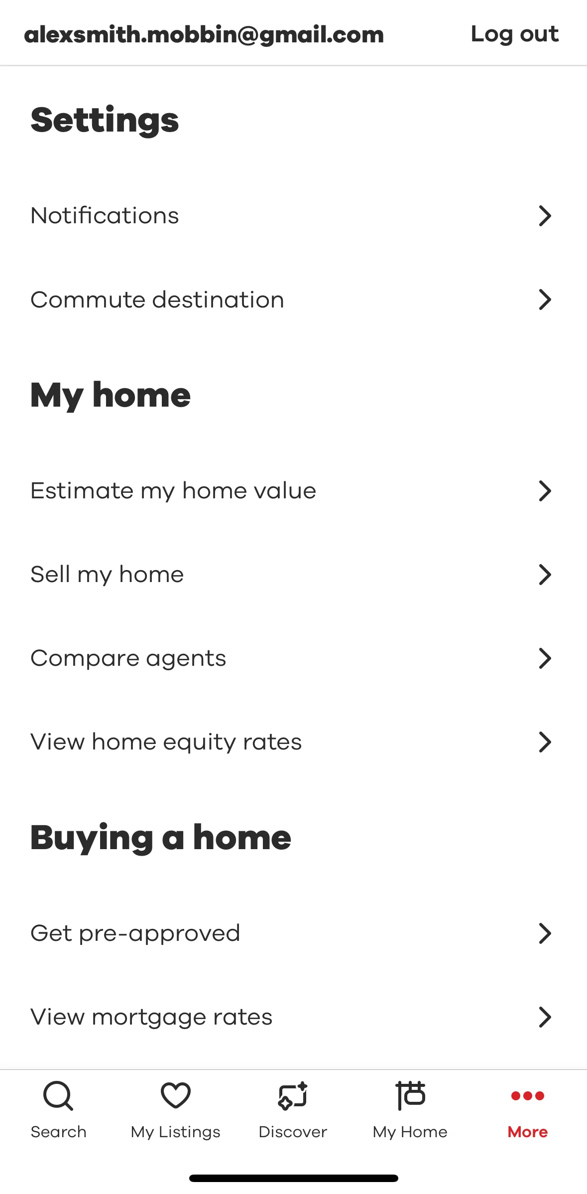 Realtor.com Screen screen in the Logging out flow