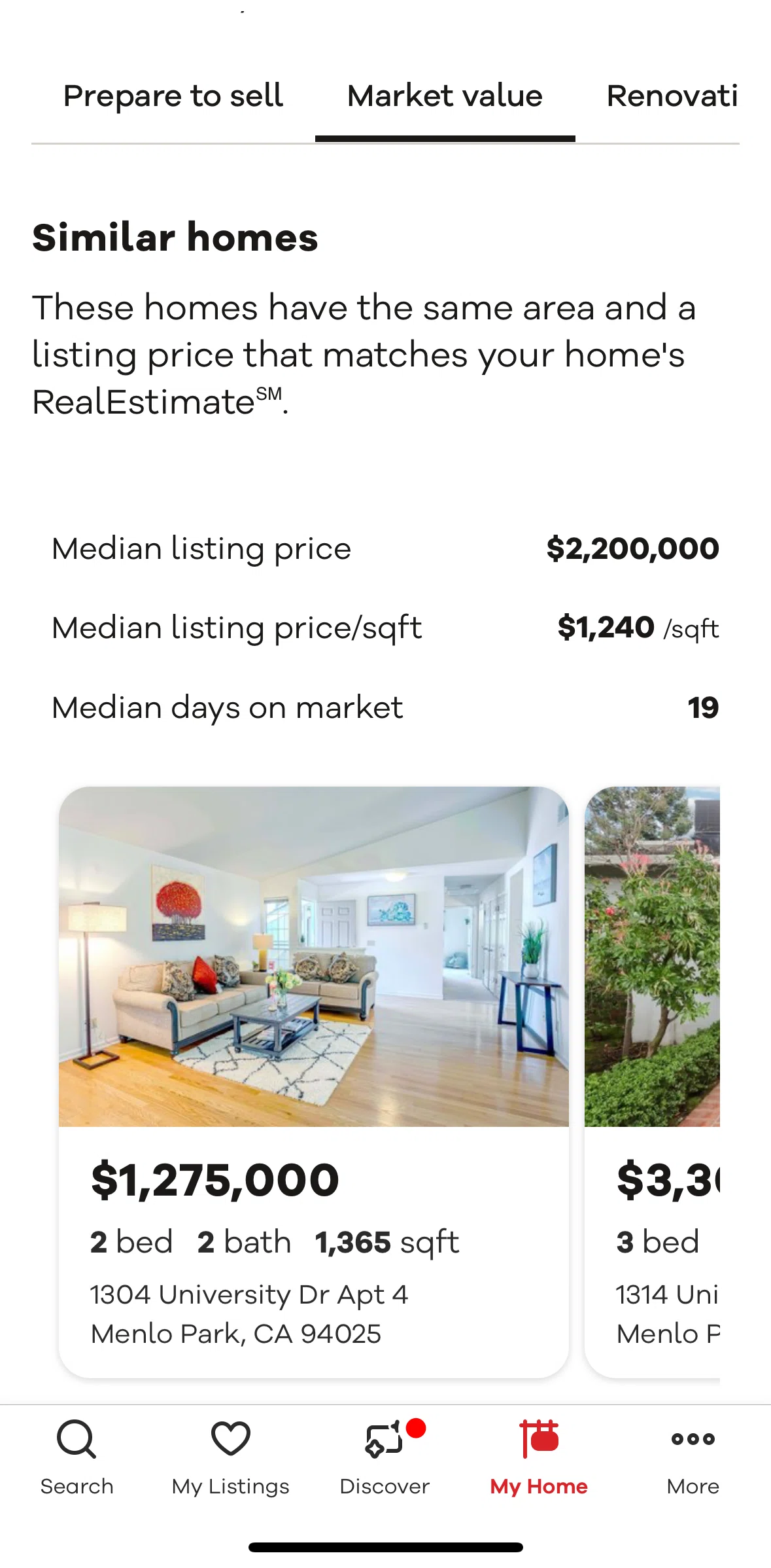 Realtor.com Screen screen in the Market value flow