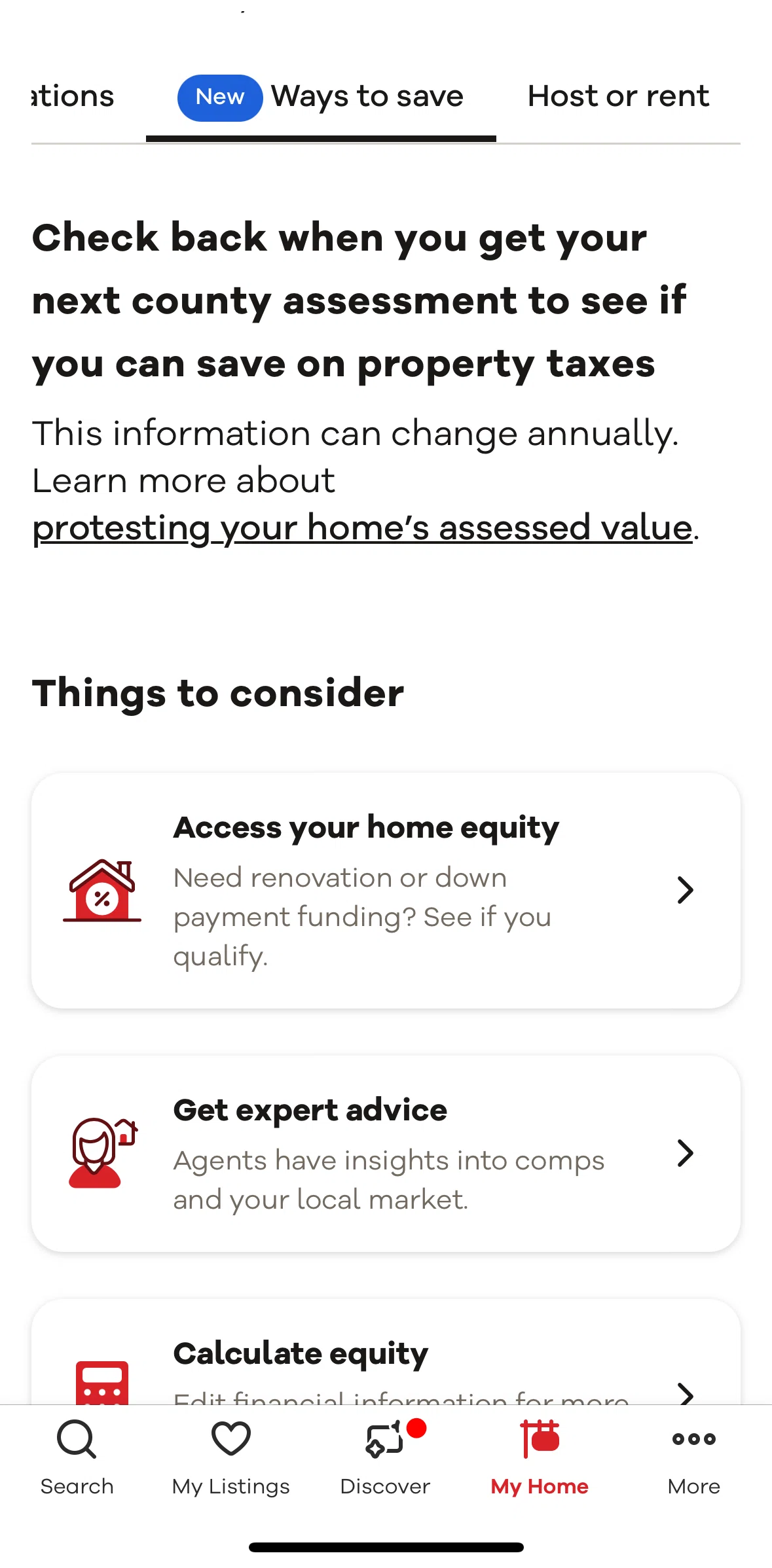 Realtor.com Screen screen in the Protesting property taxes information flow
