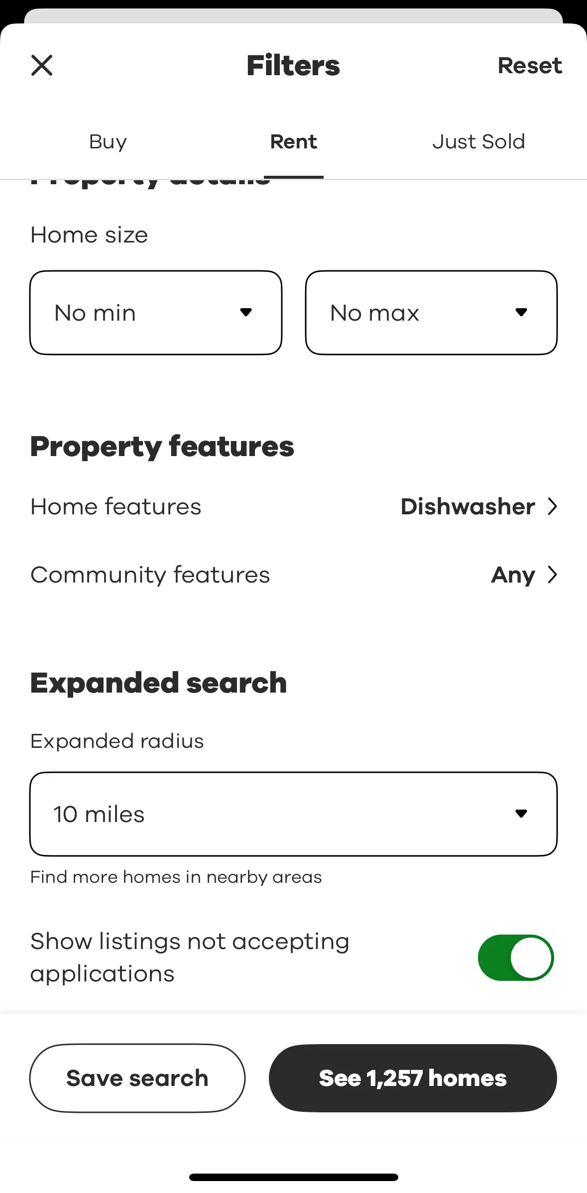 Realtor.com Screen screen in the Resetting a search flow