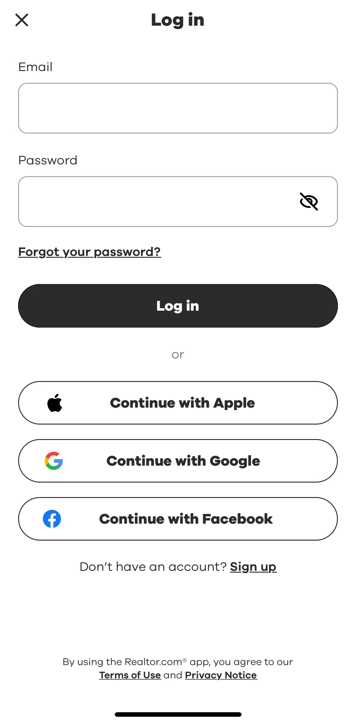 Realtor.com Screen screen in the Resetting password flow