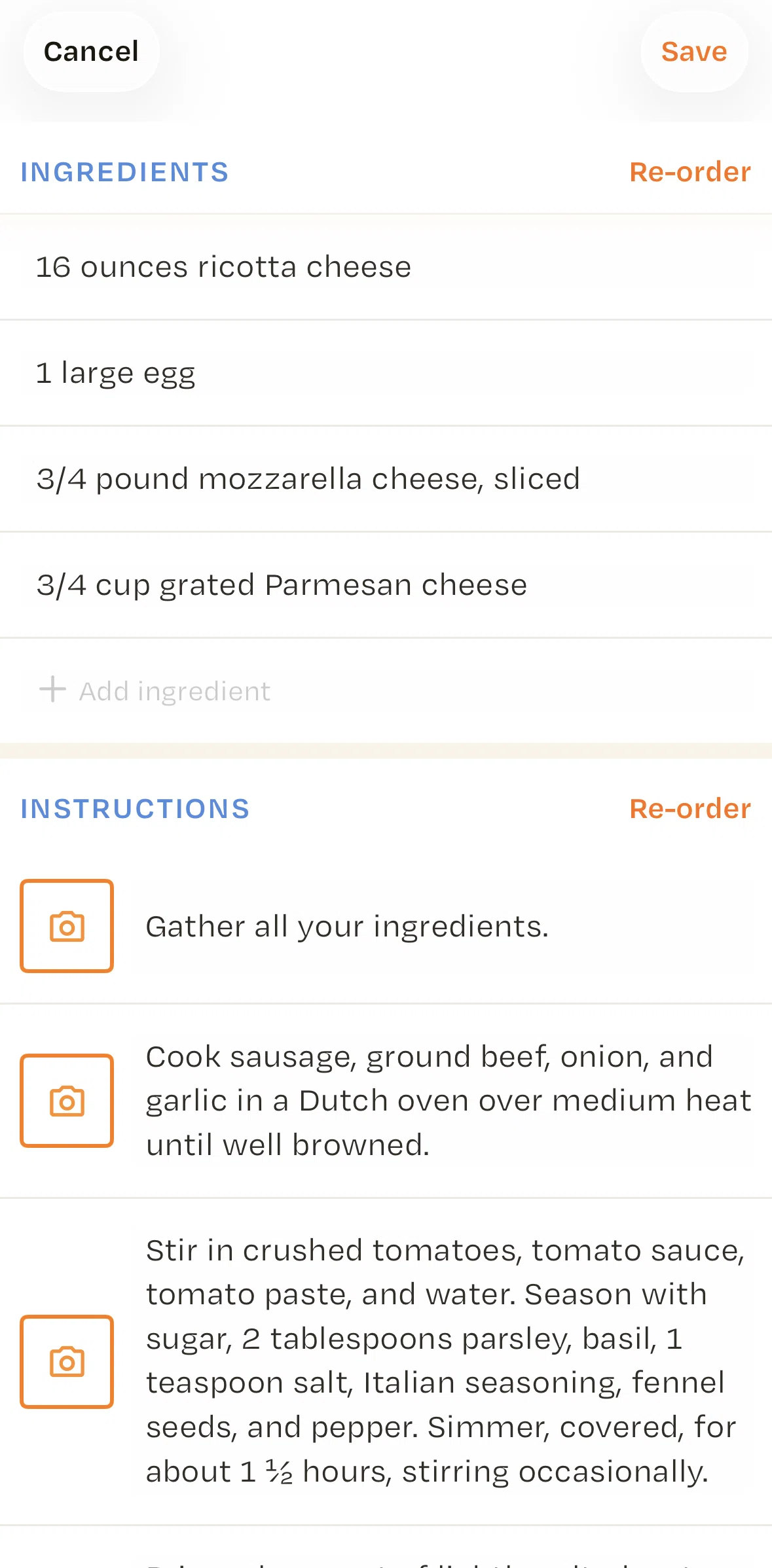 Recime Screen screen in the Adding an ingredient flow