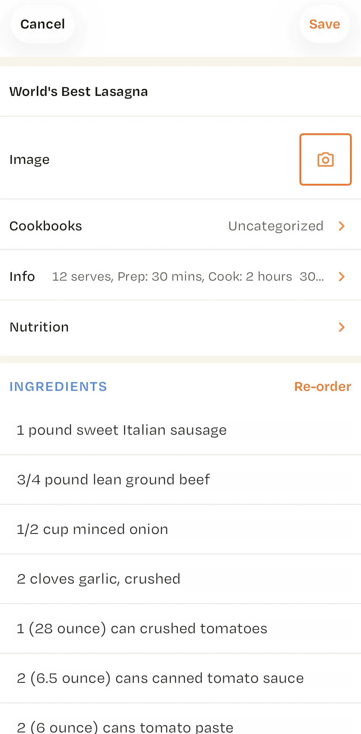 Recime Screen screen in the Adding nutrition flow
