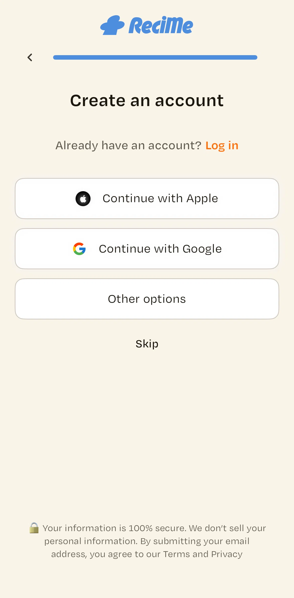Recime Screen screen in the Creating an account flow