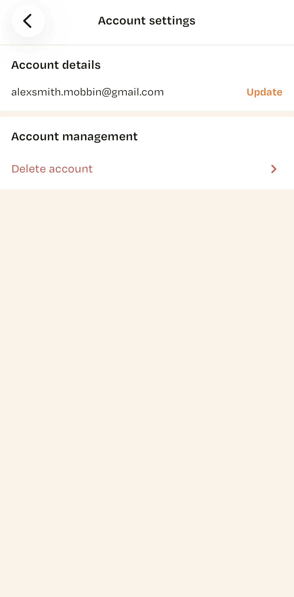Recime Screen screen in the Deleting an account flow