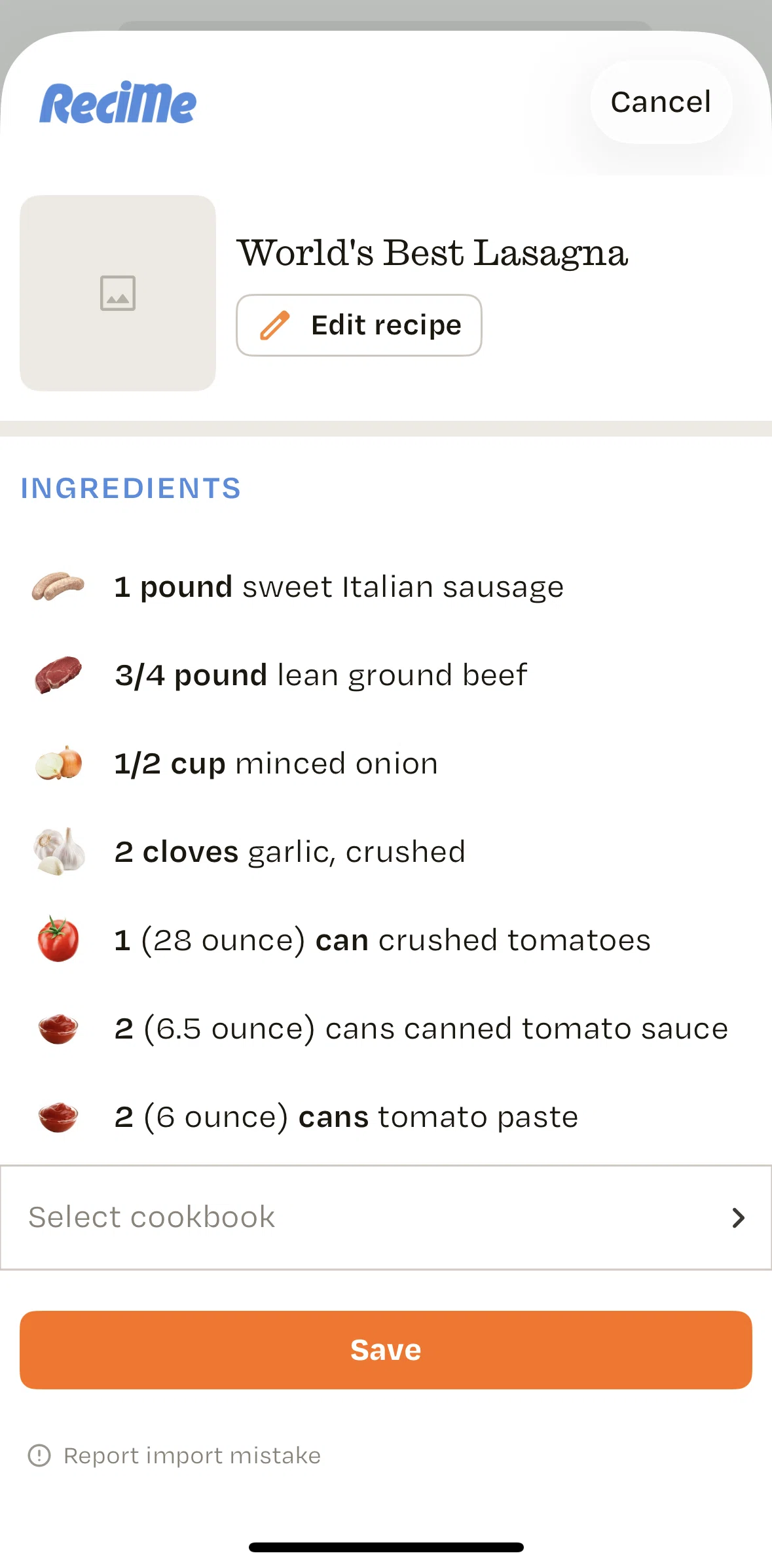 Recime Screen screen in the Edit a recipe flow