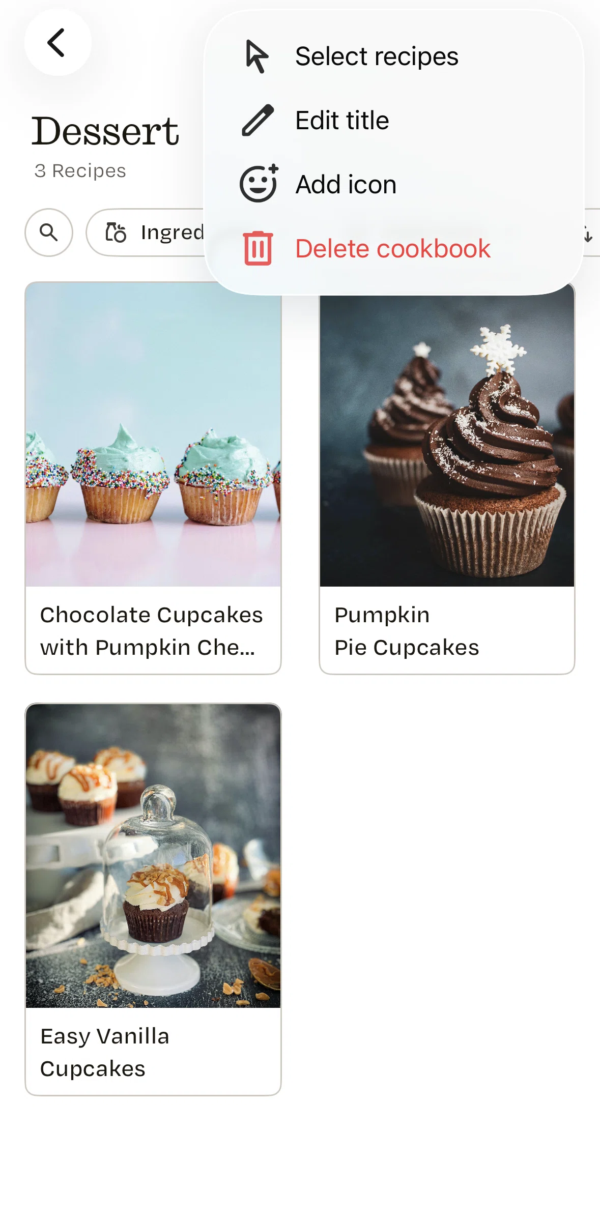 Recime Screen screen in the Editing cookbook title flow