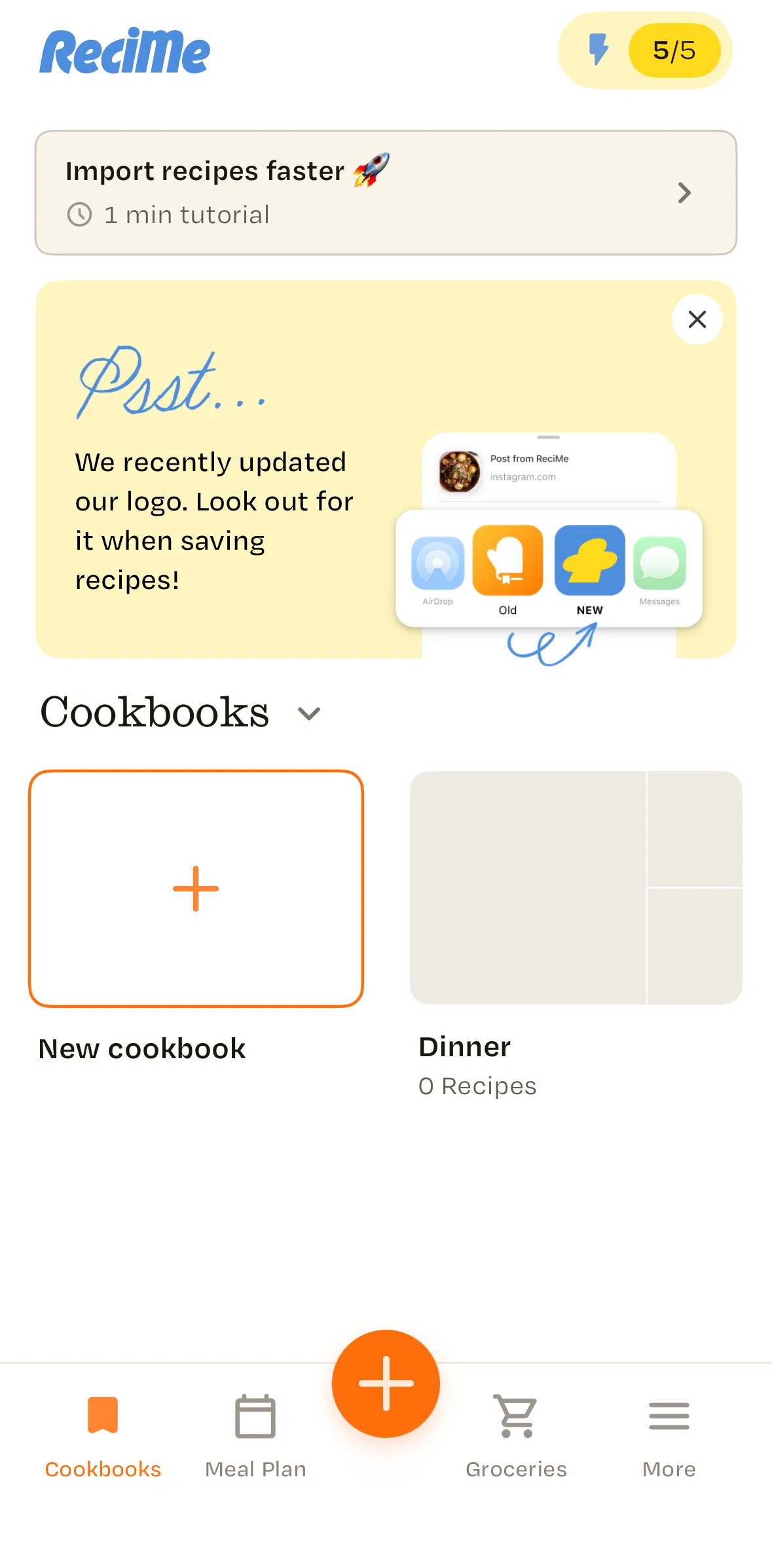 Recime Screen screen in the Import a recipe tutorial flow