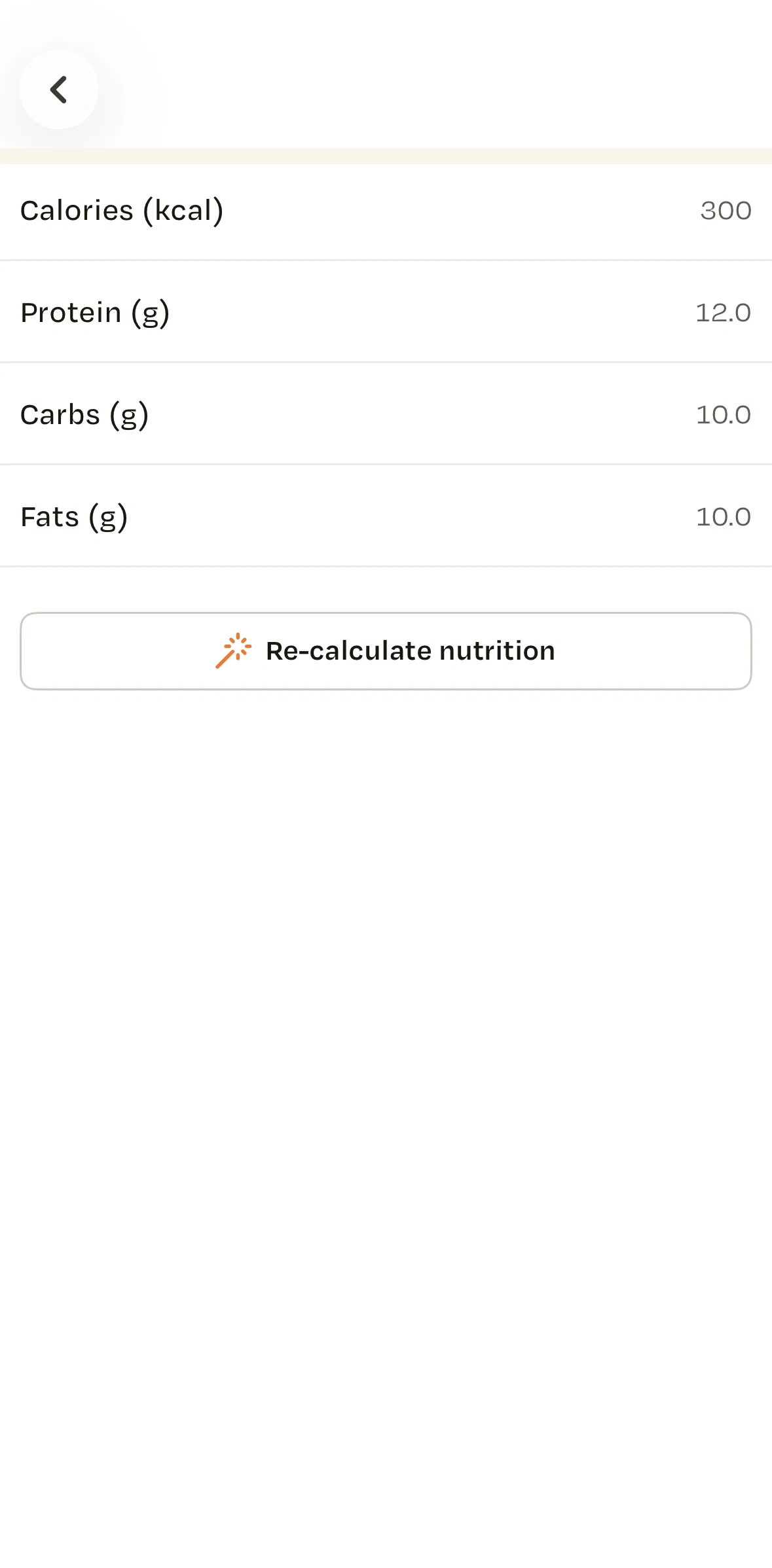 Recime Screen screen in the Recalculating nutrition flow