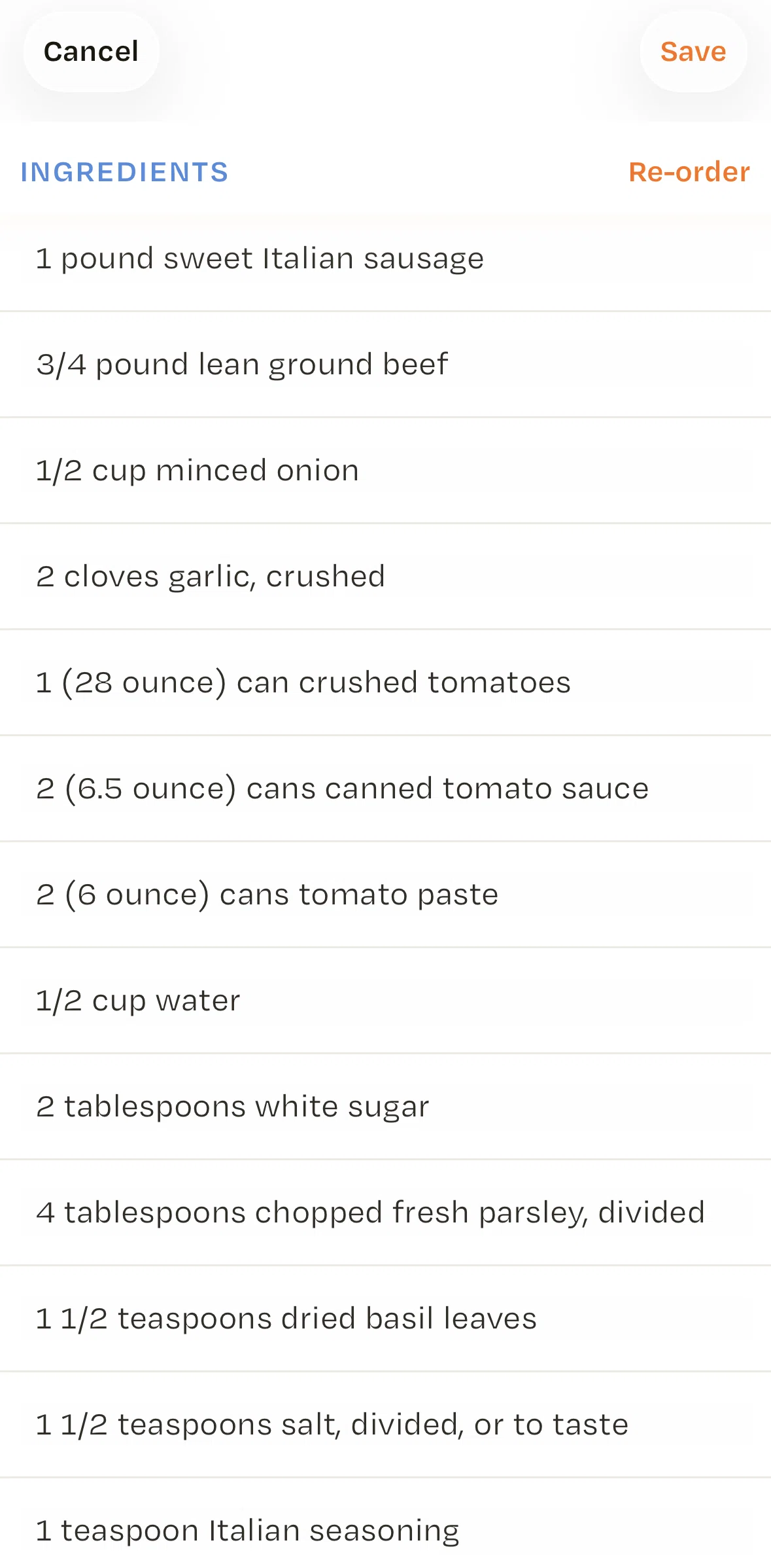 Recime Screen screen in the Reordering ingredients flow