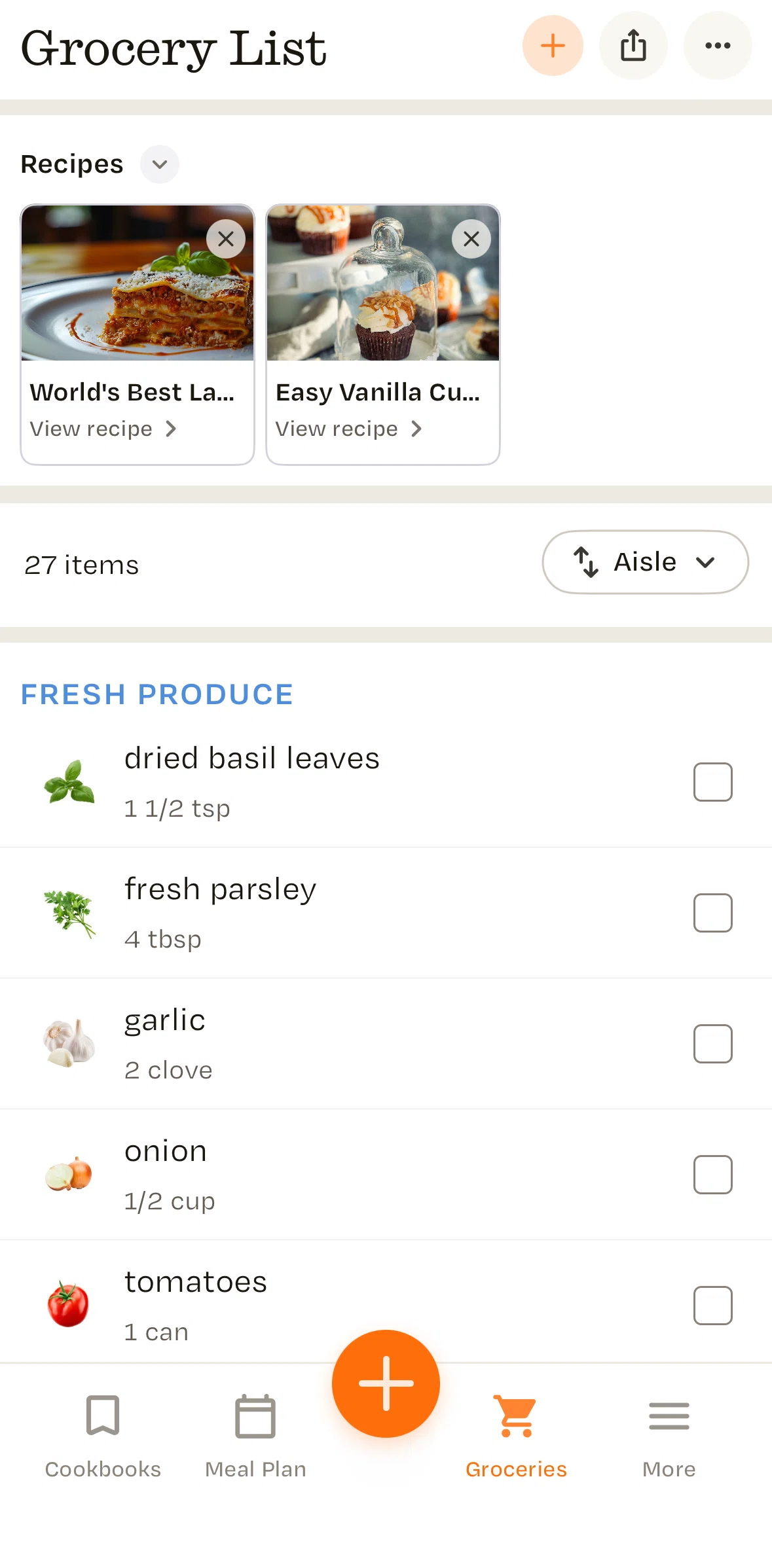 Recime Screen screen in the Sorting grocery list flow