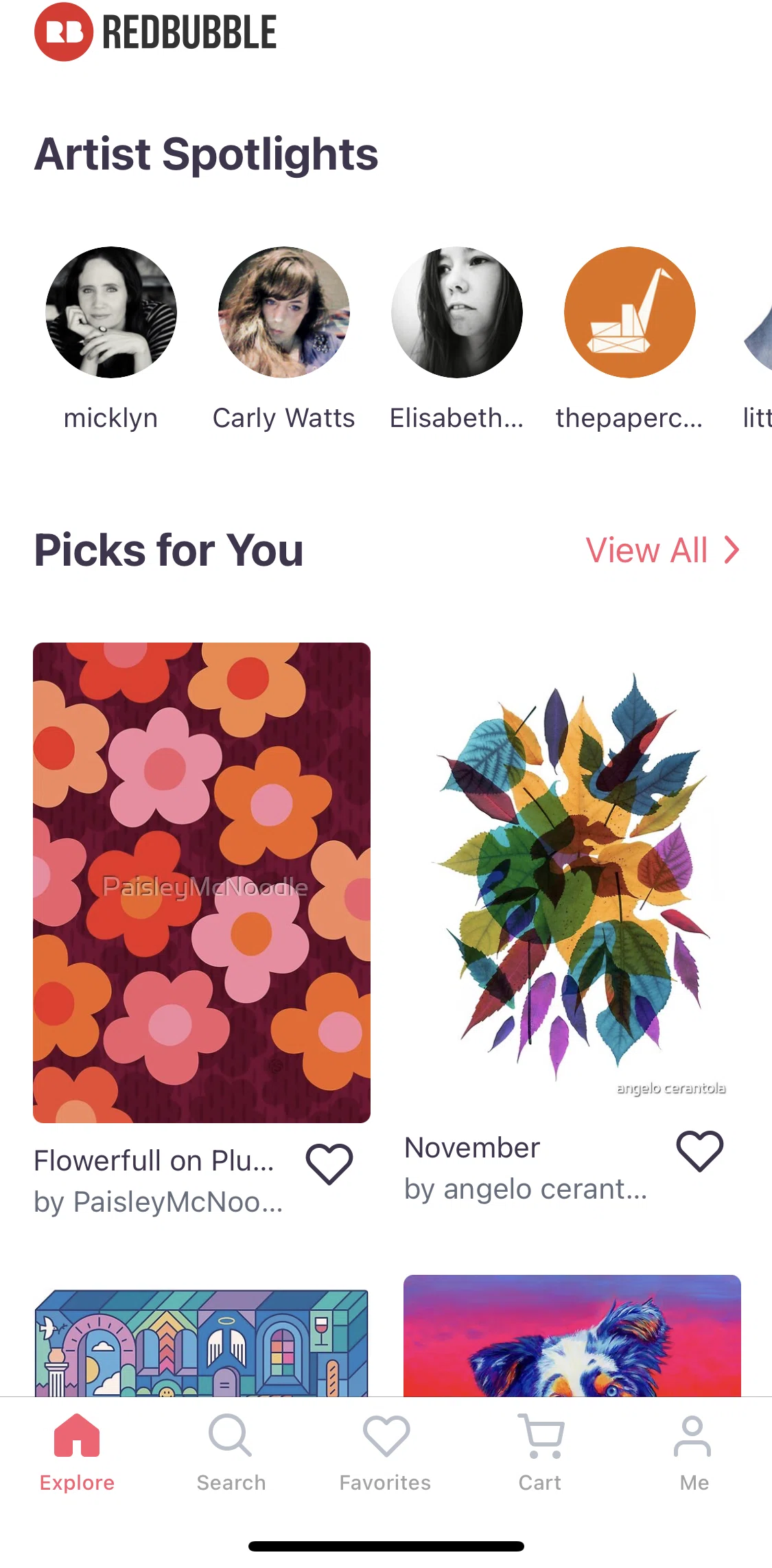 Redbubble Screen screen in the Artist Spotlights flow
