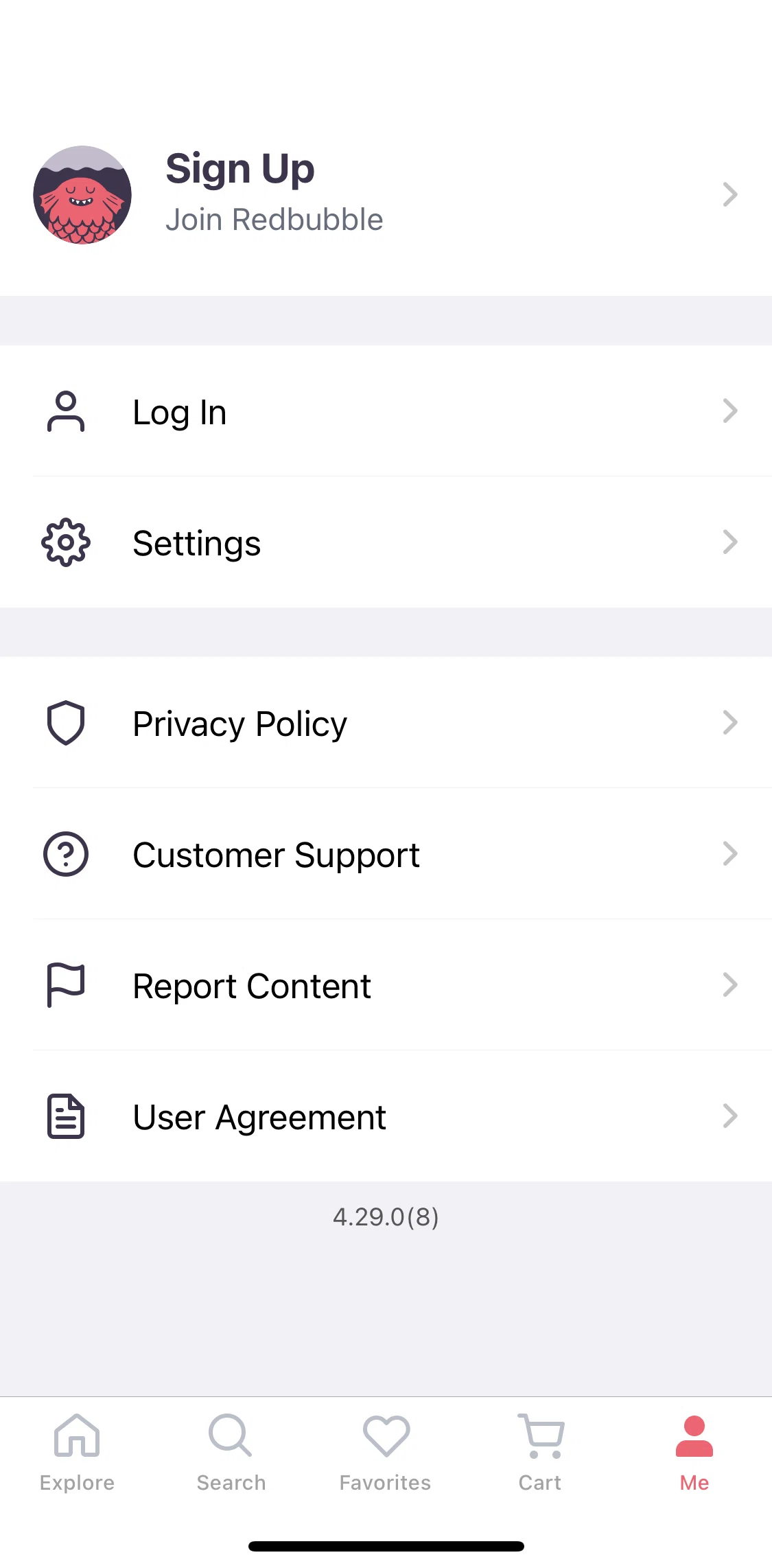 Redbubble Screen screen in the Logging in flow