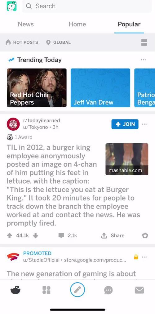 Reddit Home feed screen in the Chat flow