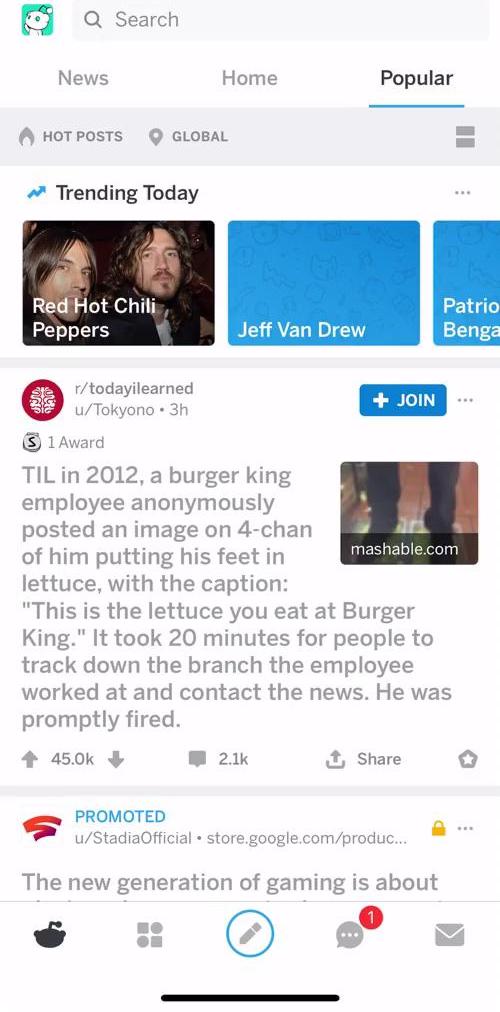 Reddit Home feed screen in the Creating A Post flow