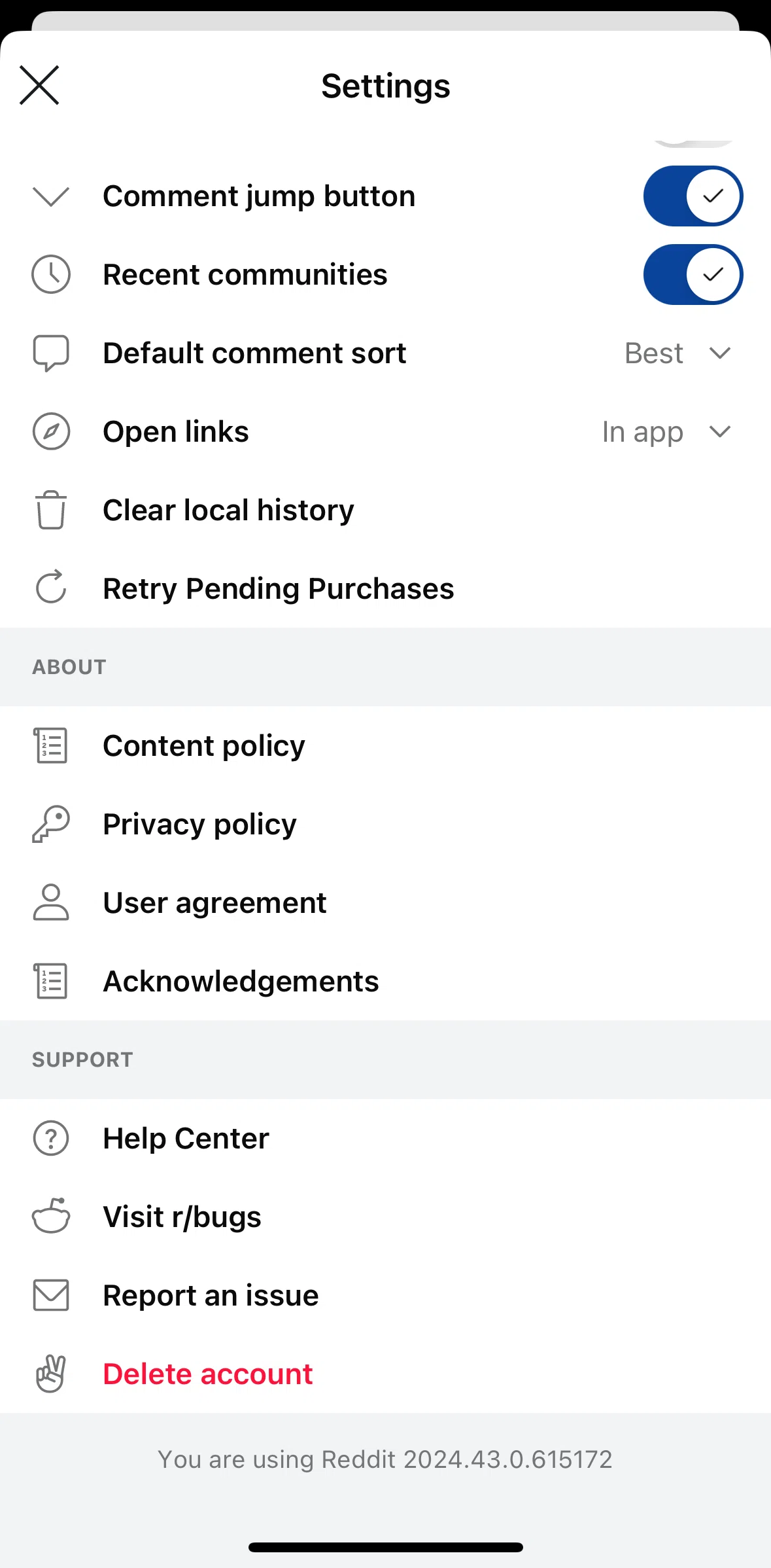 Reddit Screen screen in the Deleting an account flow
