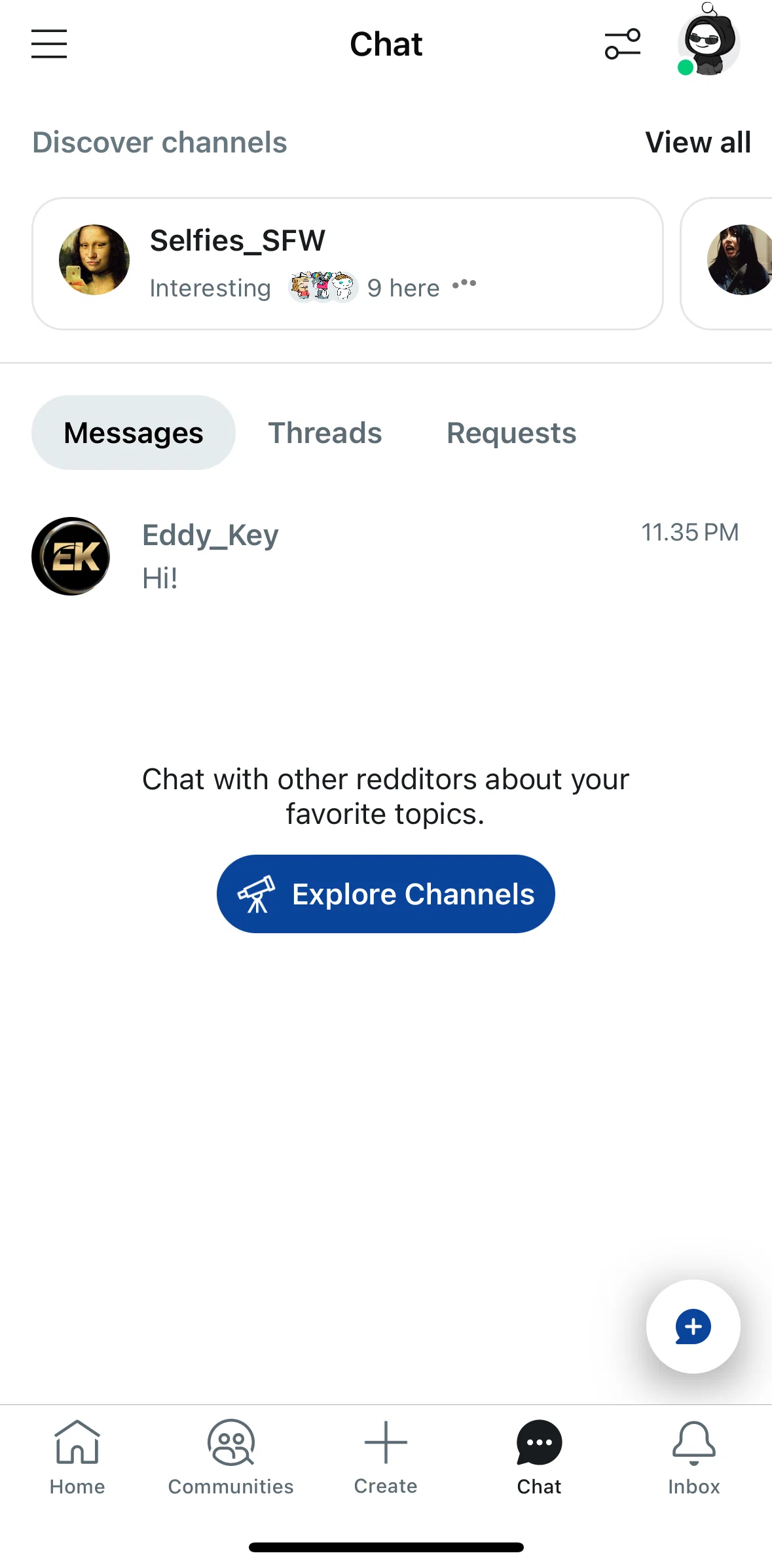 Reddit Screen screen in the Filtering chats flow
