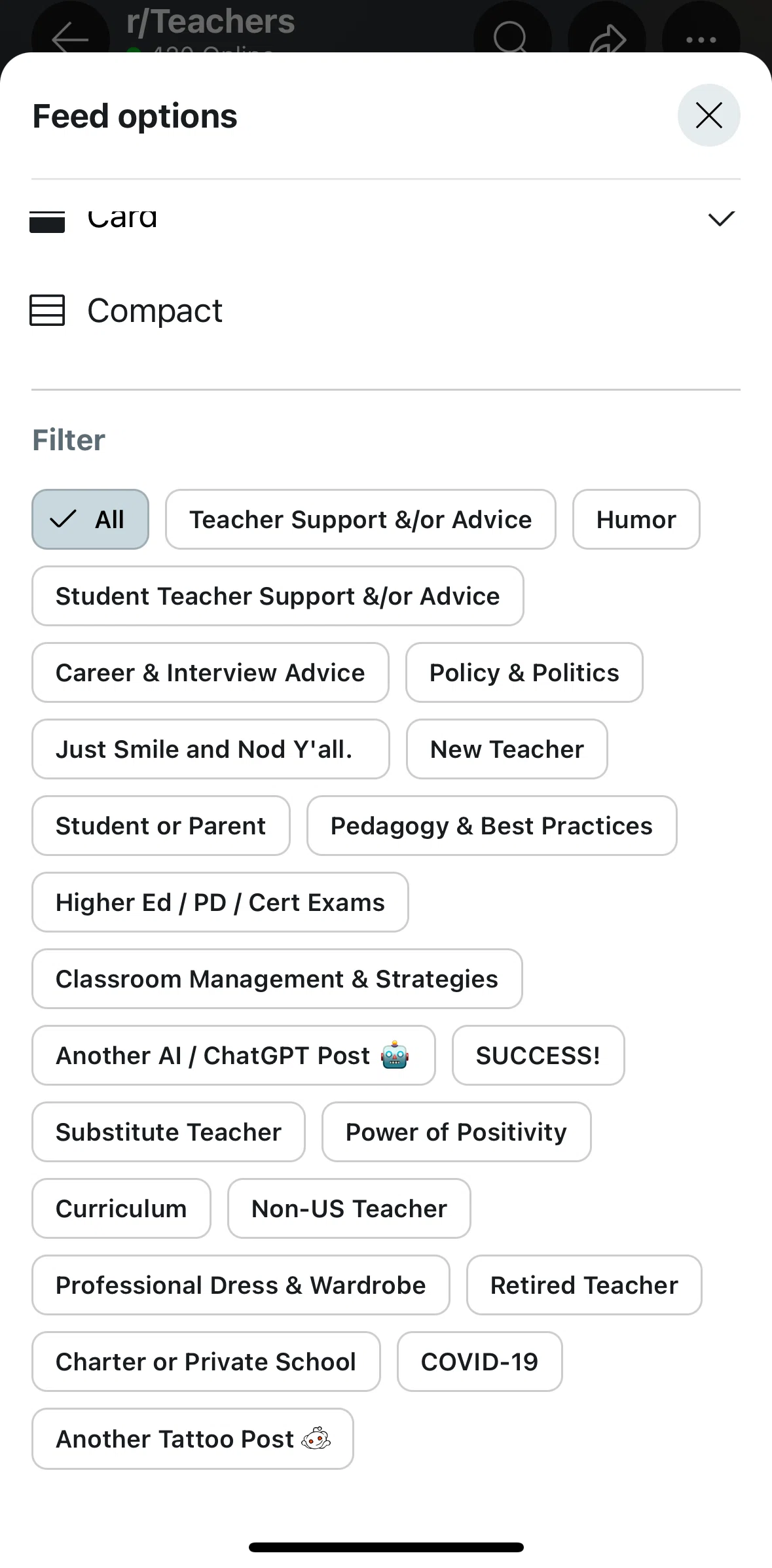Reddit Screen screen in the Filtering topic flow