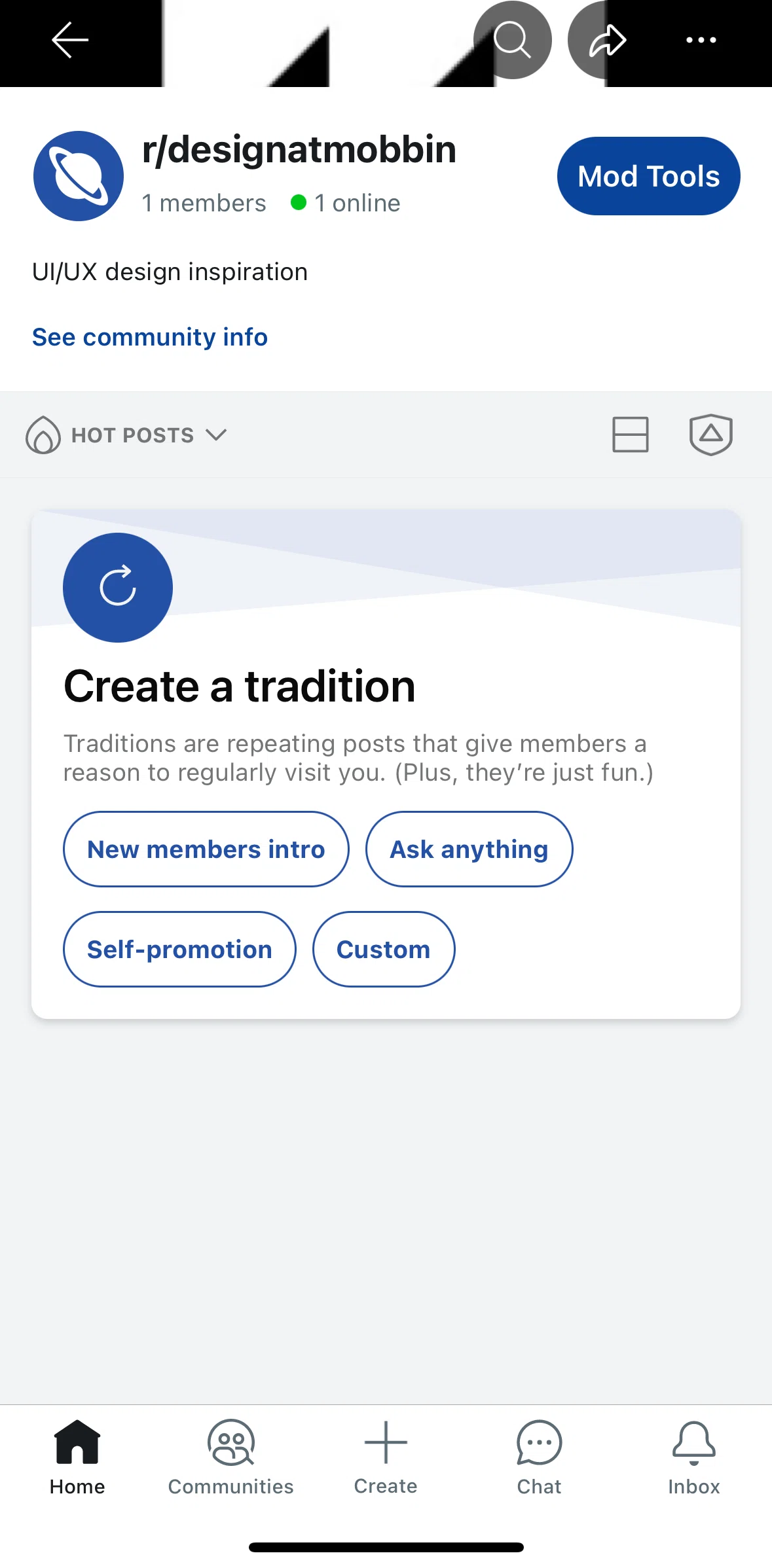 Reddit Screen screen in the Mod tools flow